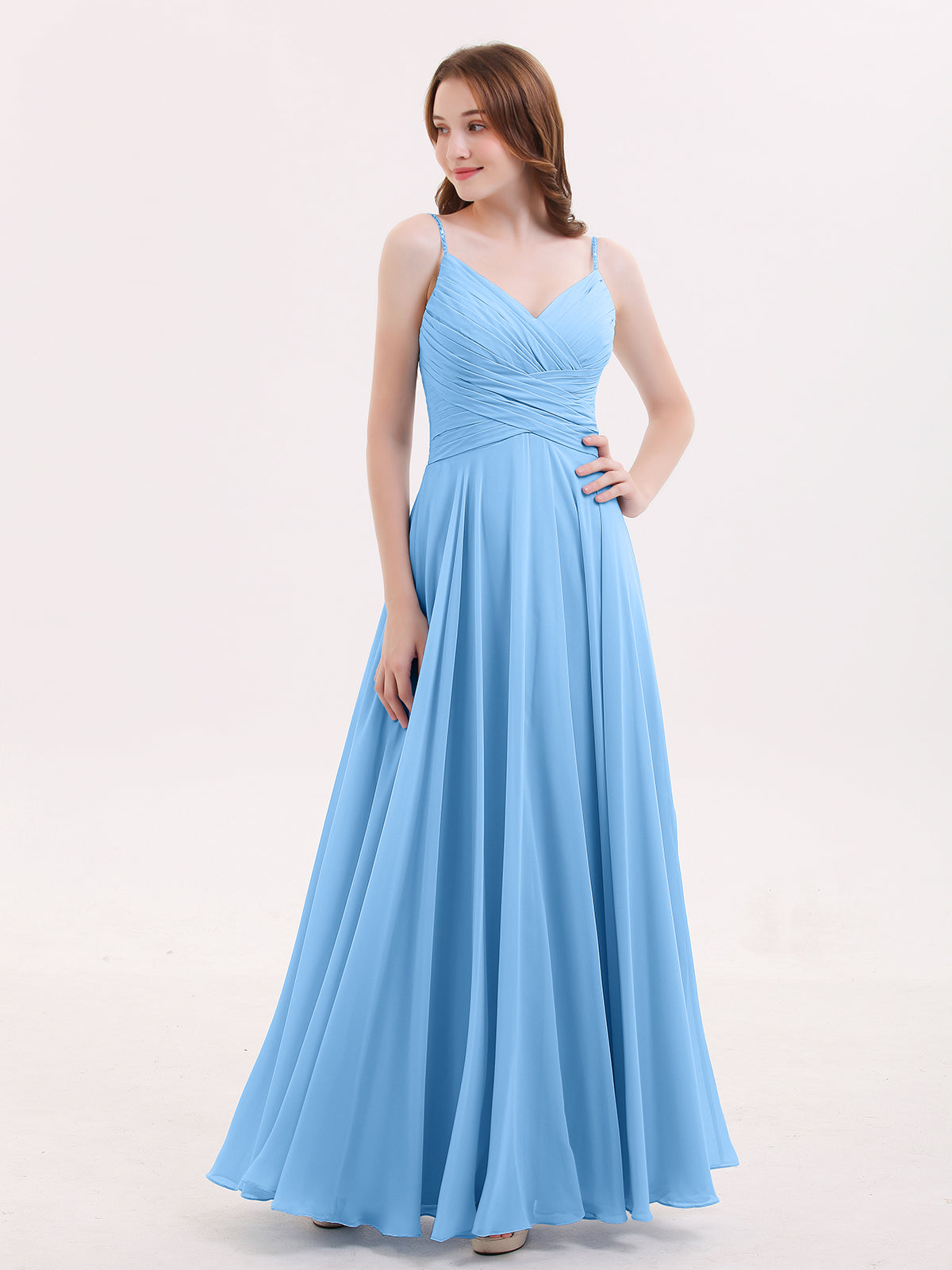 Cross-pleated Spaghetti Strap Chiffon Dress Sky Blue Plus Size