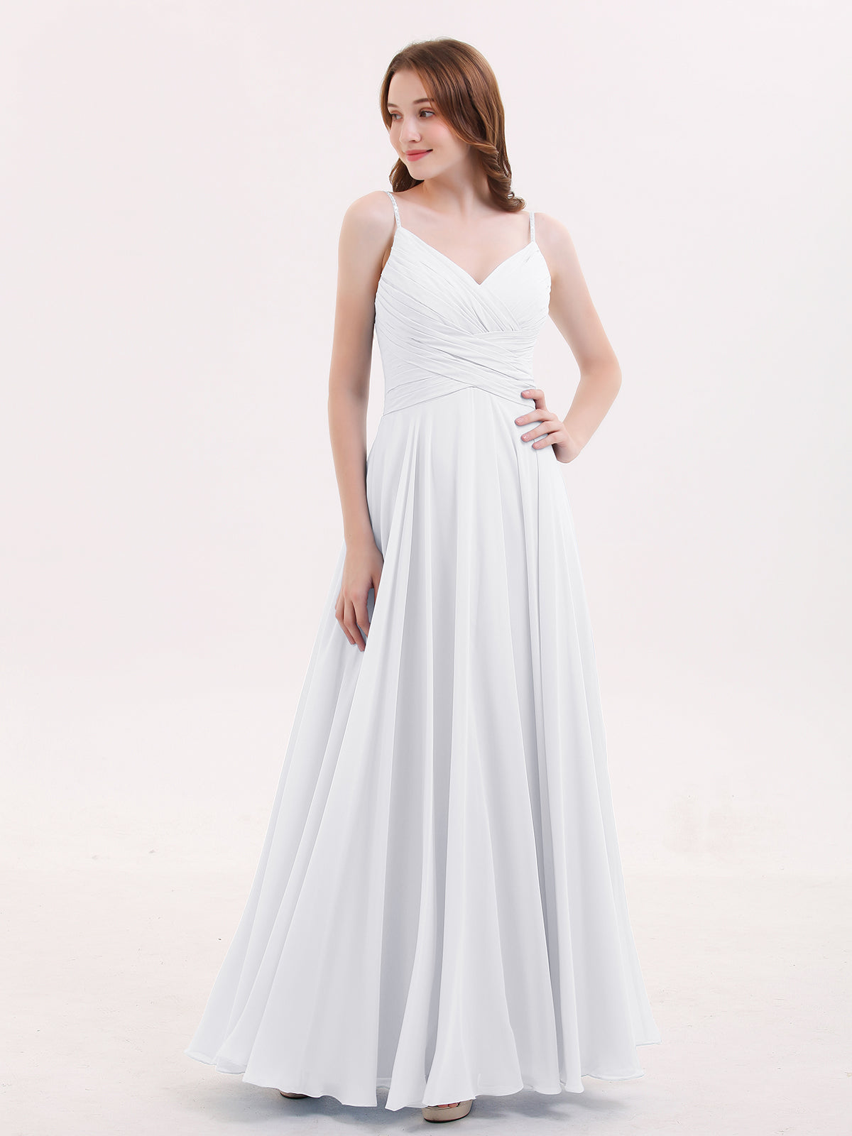 BABARONI Spaghetti Strap Chiffon Dress with V Neck-White, White / US0