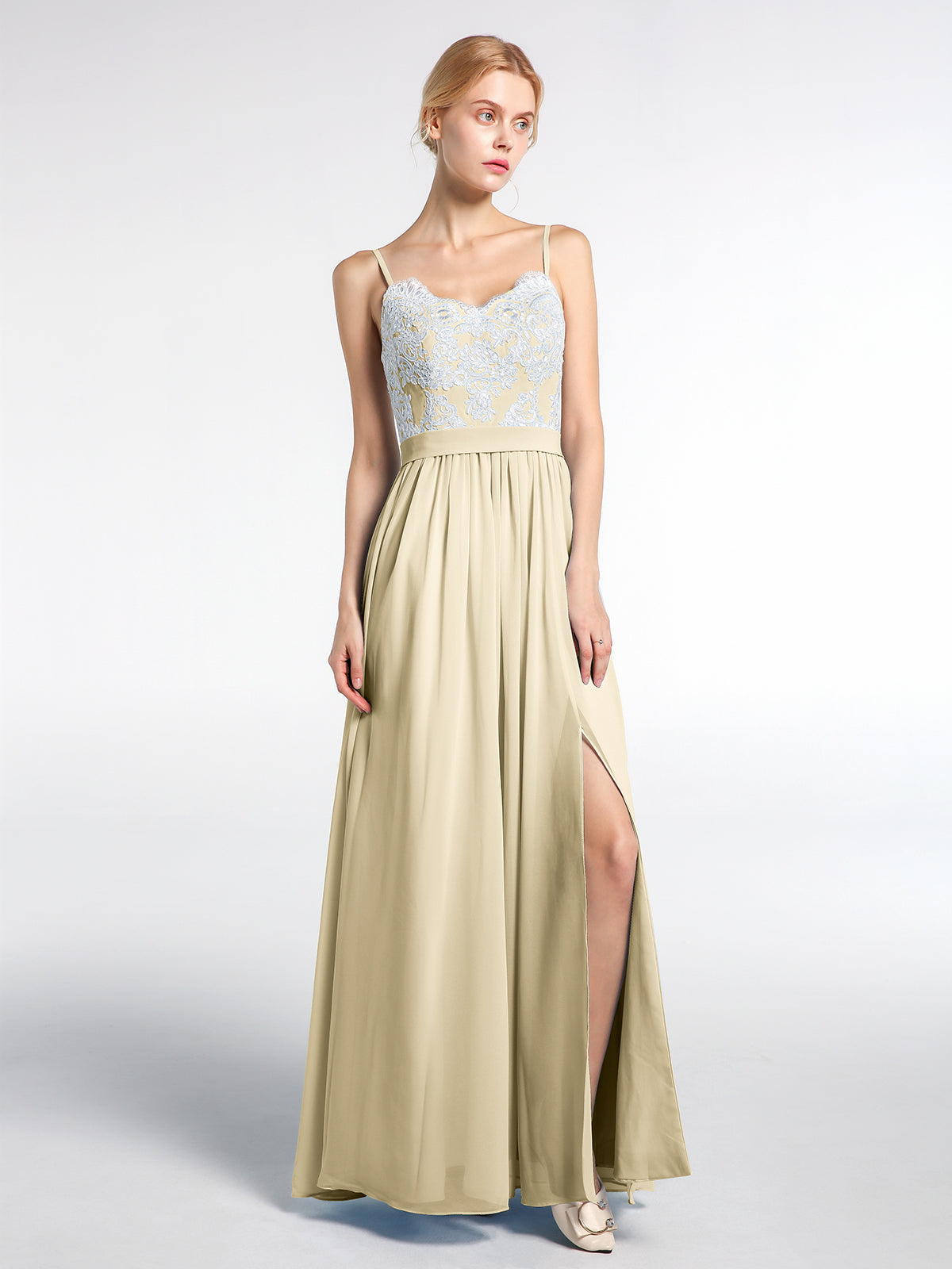 BABARONI Spaghetti Strap Front Slit Dress with Ivory Lace-Champagne Plus Size, Champagne / US18 BABARONI Spaghetti Strap Front Slit Dress with Ivory Lace-Champagne Plus Size, Champagne / US18