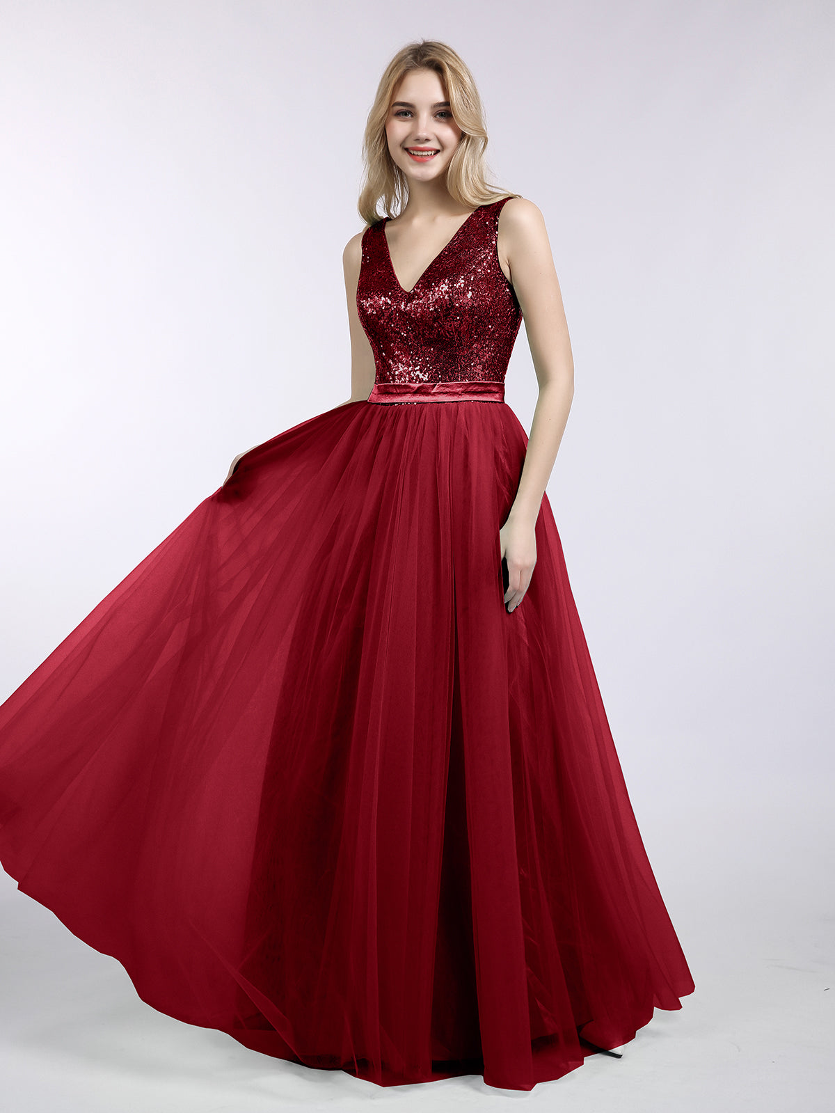 princess polly baby blue dress BABARONI Sequins and Tulle Long Dress with V-Neck-Burgundy Plus size, Burgundy / US18