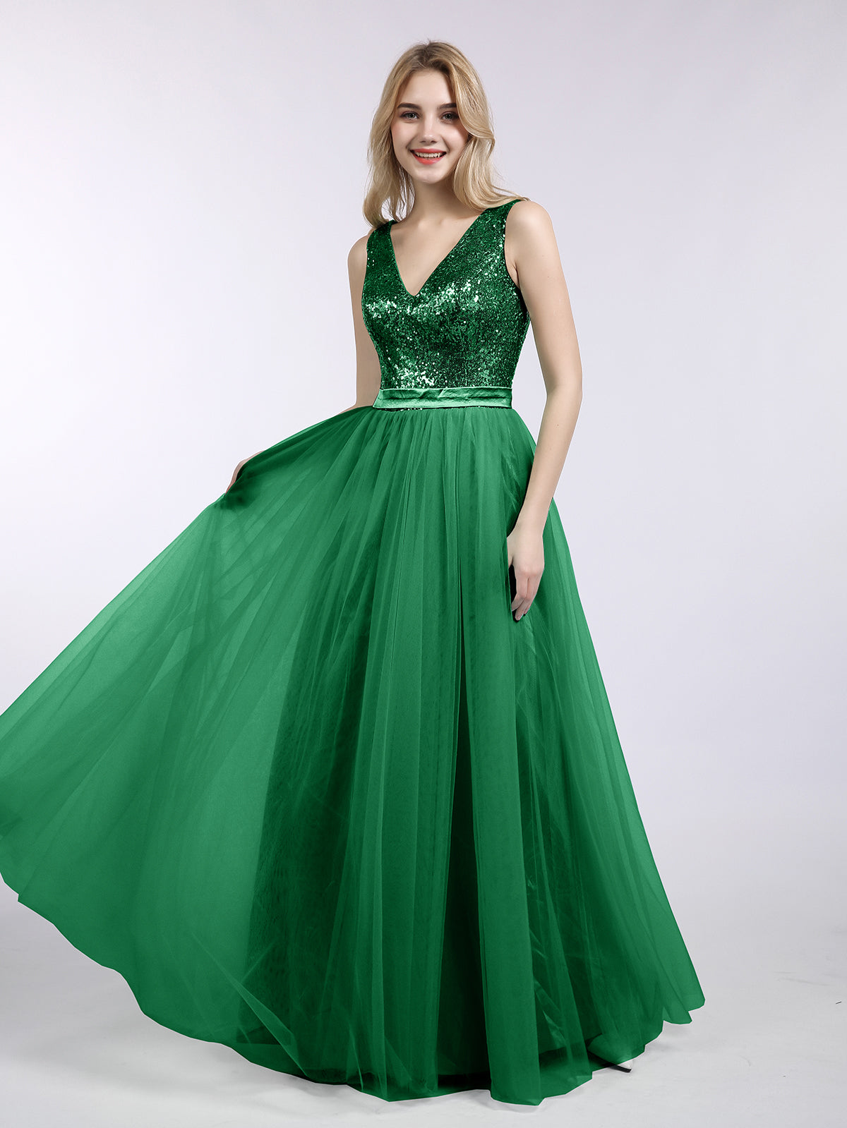 BABARONI Sequin Dark Green Bridesmaid Dresses V-neck Floor-length Sleeveless Pleated A-line, Dark Green / US0