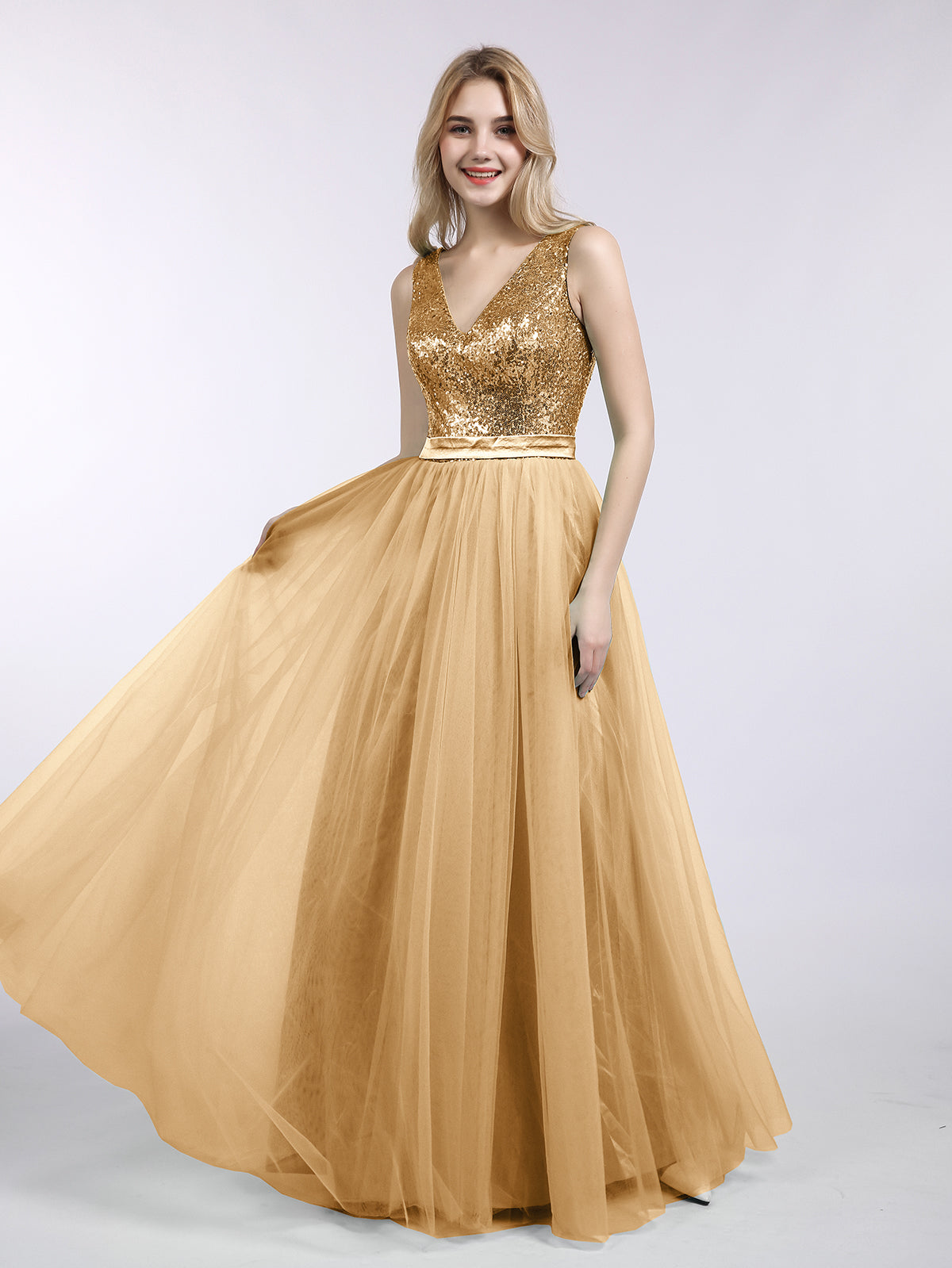 BABARONI Sequins and Tulle Long Dress with V-Neck-Gold, Gold / US0