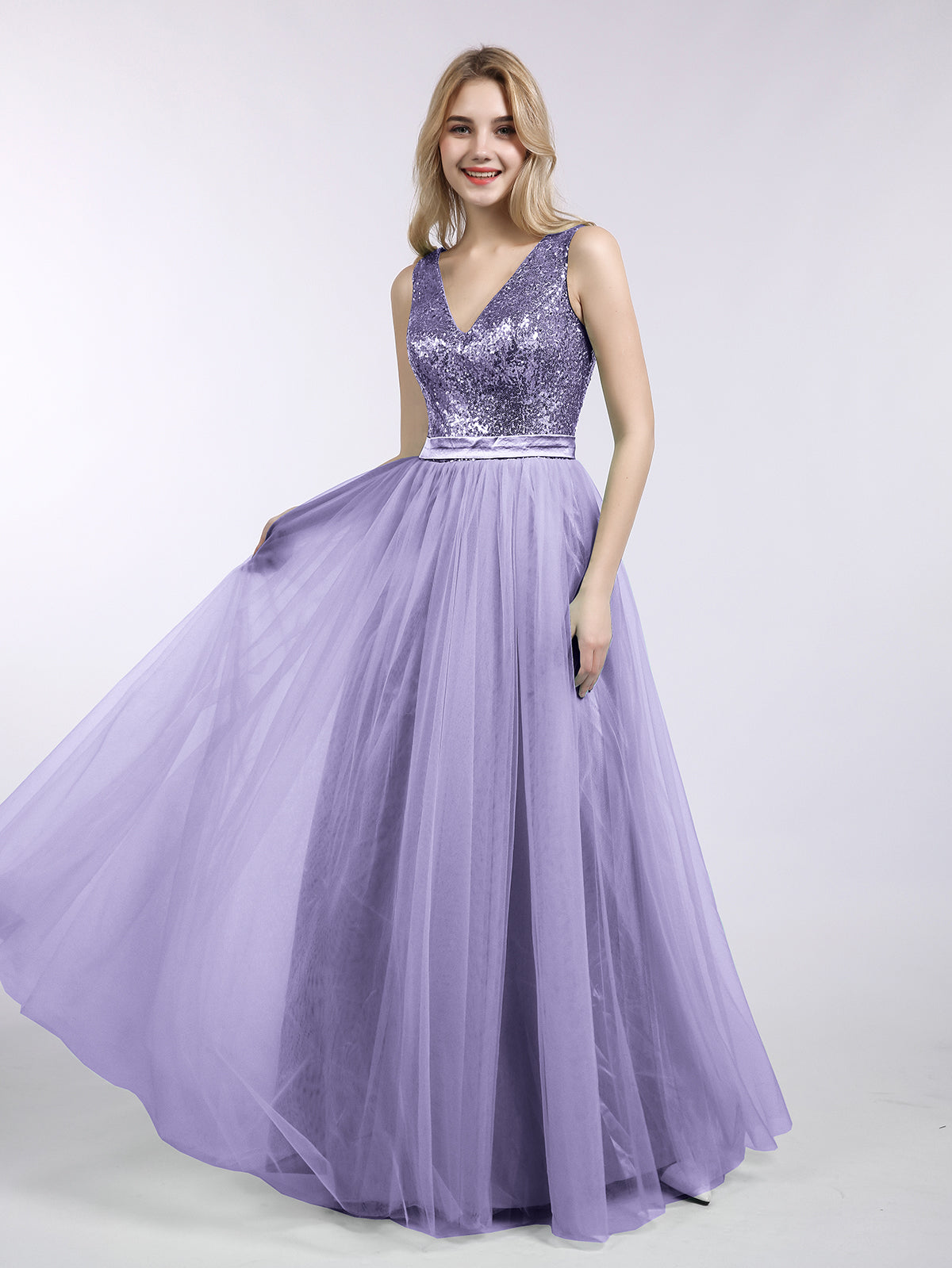 BABARONI Sequin Lilac Bridesmaid Dresses V-neck Floor-length Sleeveless Pleated A-line BABARONI Sequin Lilac Bridesmaid Dresses V-neck Floor-length Sleeveless Pleated A-line