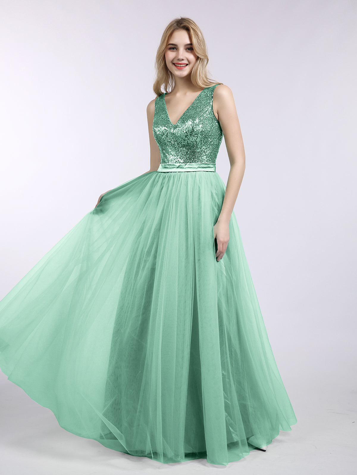 BABARONI Sequins and Tulle Long Dress with V-neck-Mint Green, Mint Green / US0 BABARONI Sequins and Tulle Long Dress with V-neck-Mint Green, Mint Green / US0