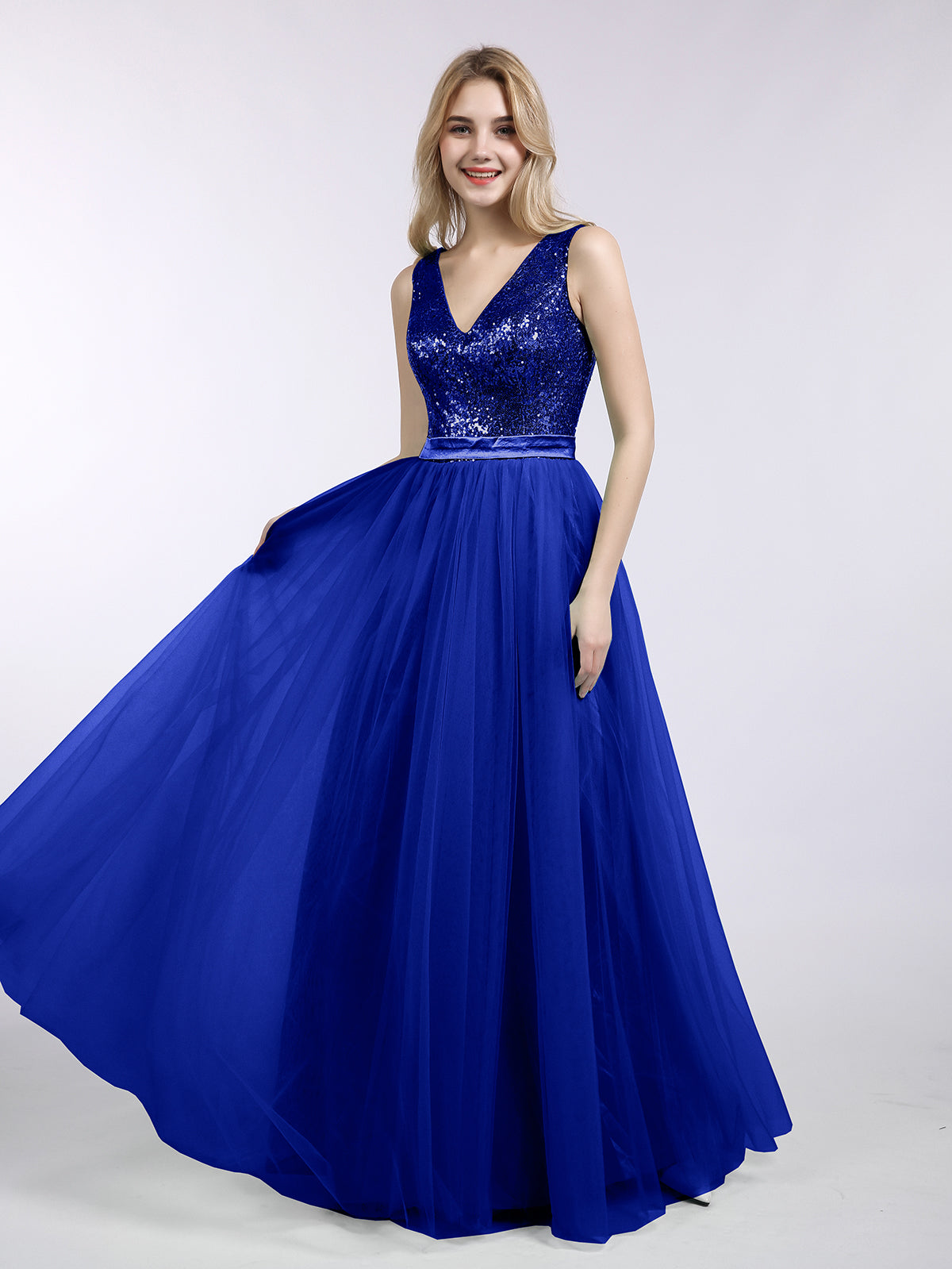 BABARONI Sequins and Tulle Long Dress with V-neck-Royal Blue, Royal Blue / US0