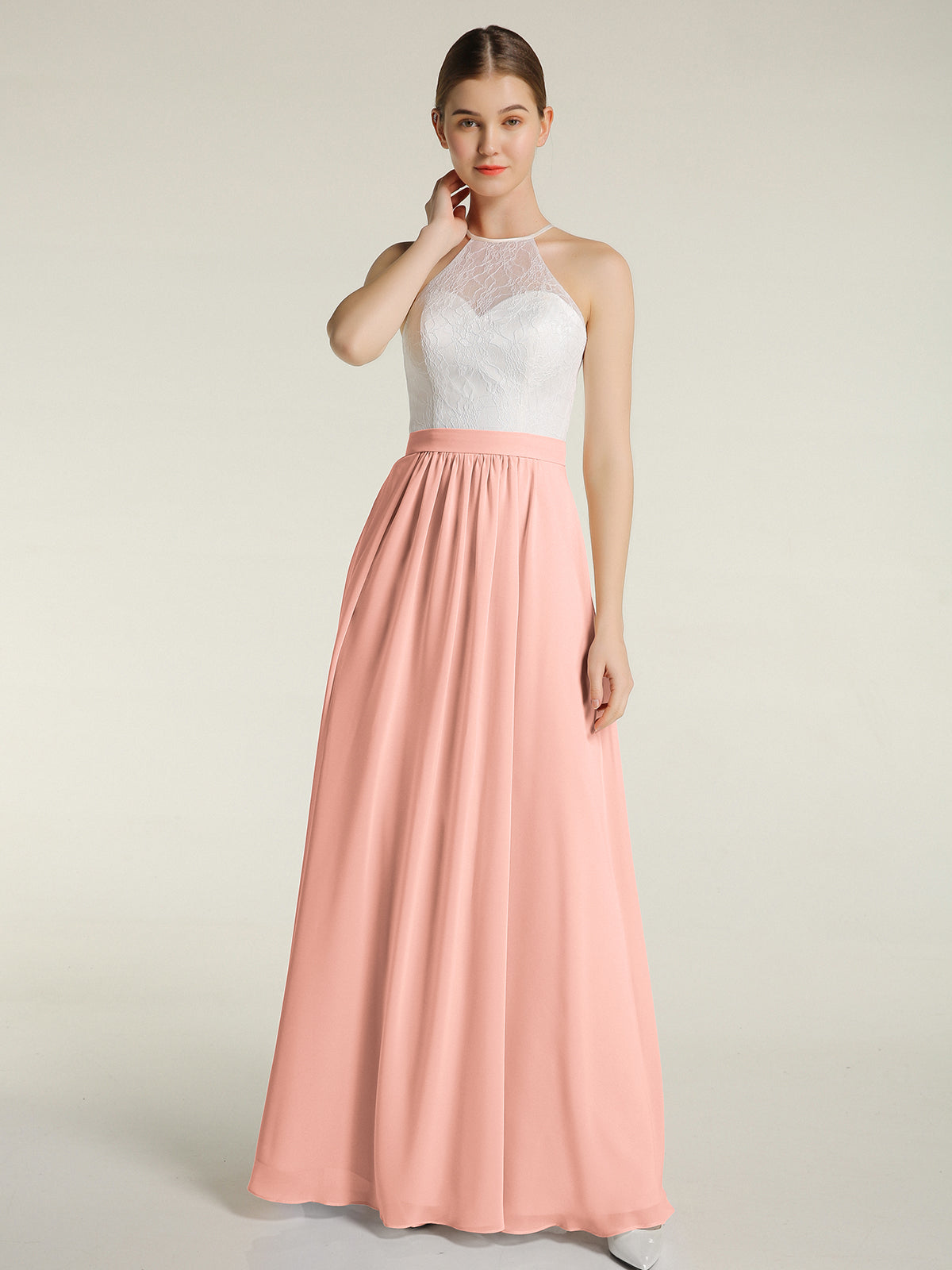 kitty maxi dress BABARONI Chiffon Long Dresses with Ivory Lace Bodice-Coral Plus Size, Coral / US18