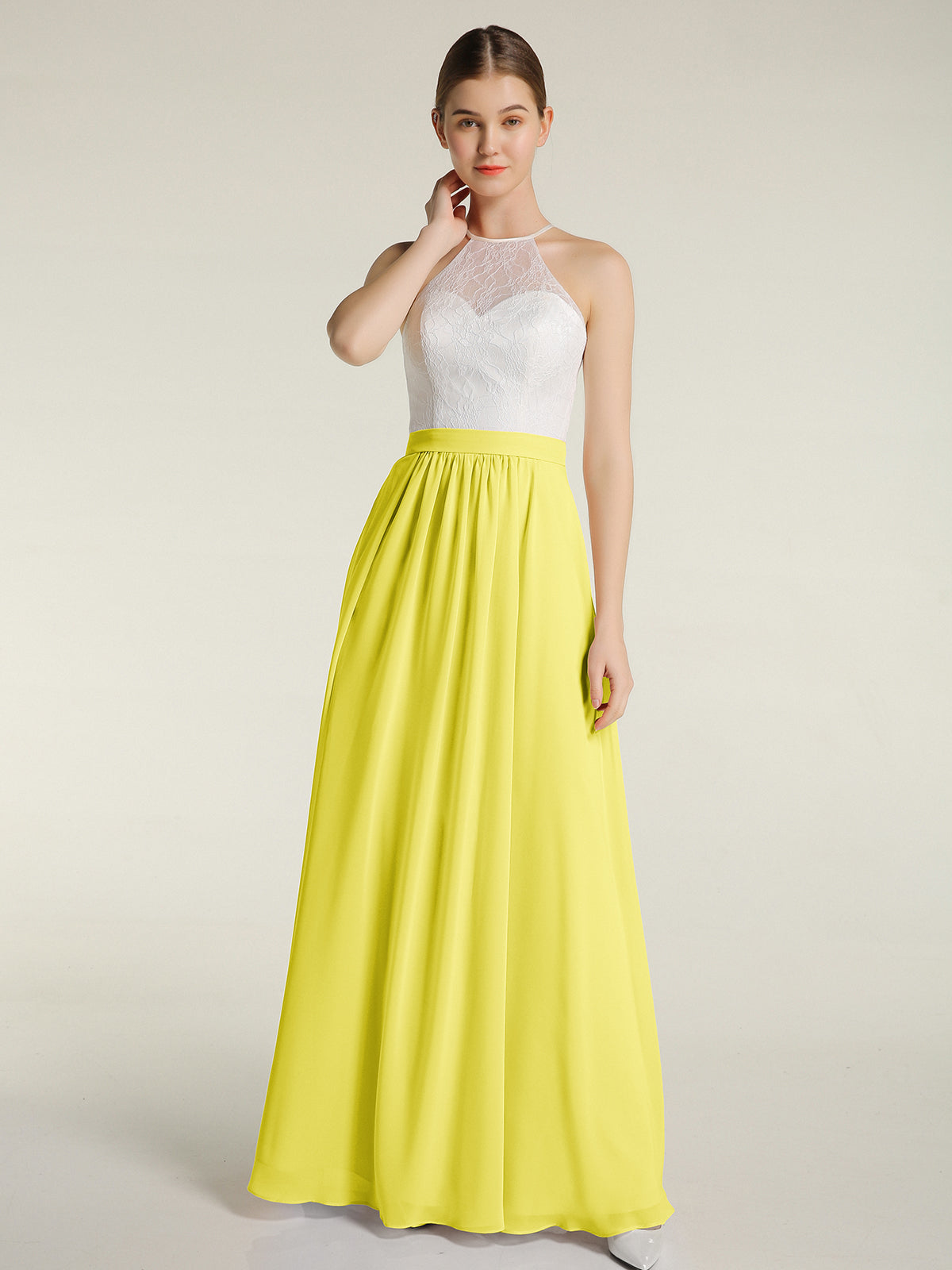 BABARONI Chiffon Long Dresses with Ivory Lace Bodice-Lemon, Lemon / US0