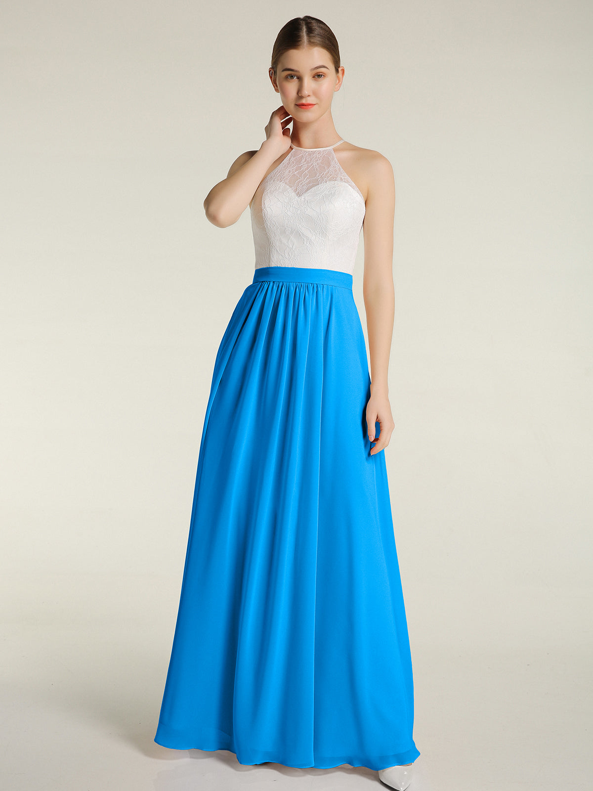 BABARONI Chiffon Long Dresses with Ivory Lace Bodice-Pool, Pool / US0