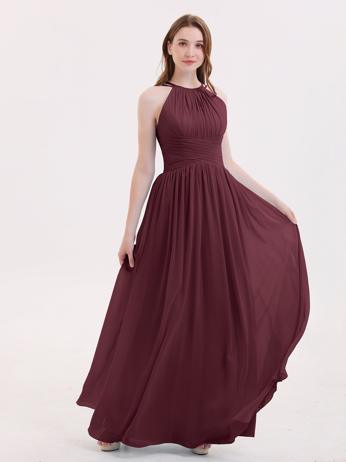 burgundy halter neck bridesmaid dress Amedeo Plunge Halter Neck Maxi Dress