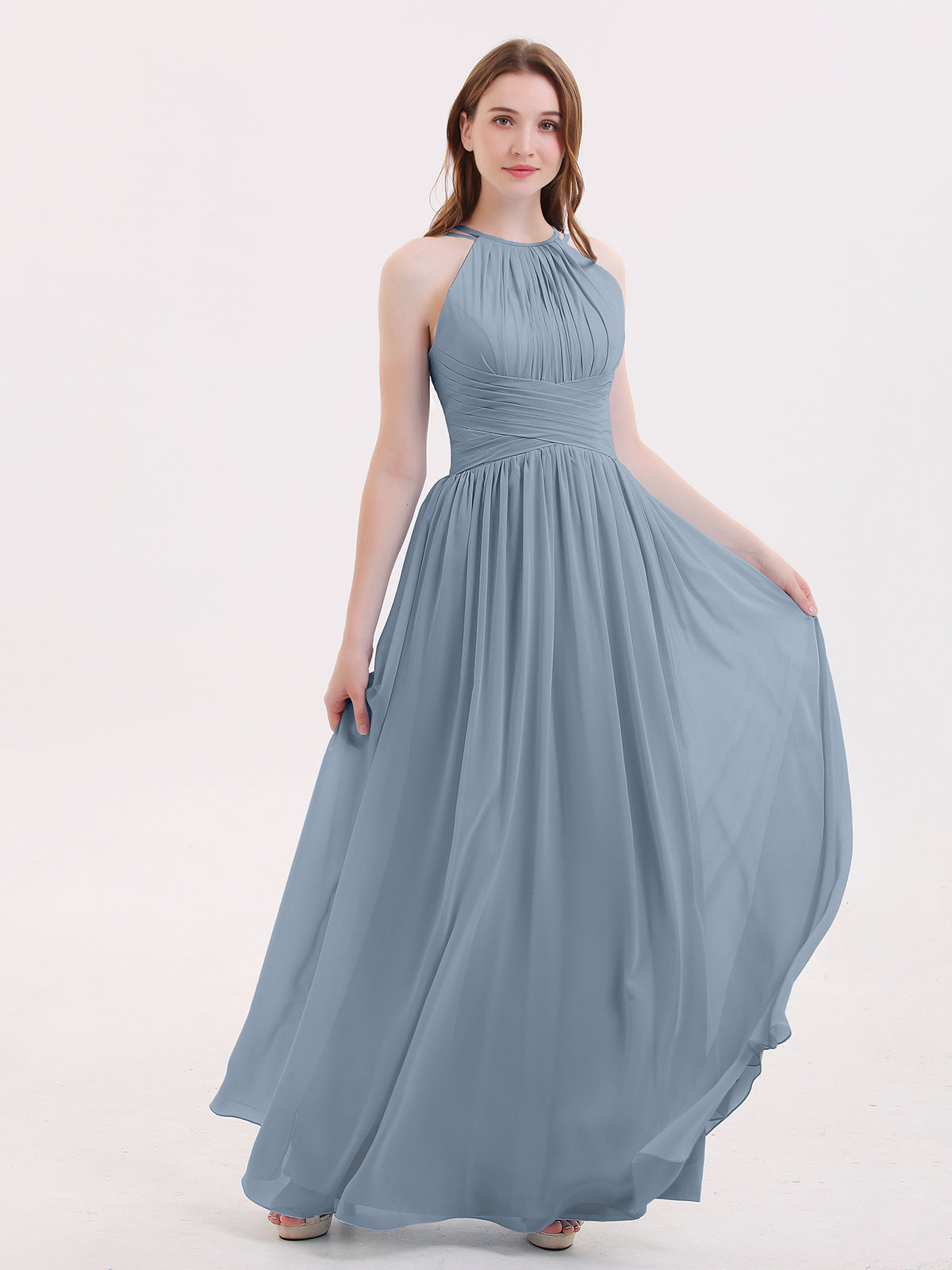 Boho Long Chiffon Gown with Ruffles Dusty Blue Plus Size