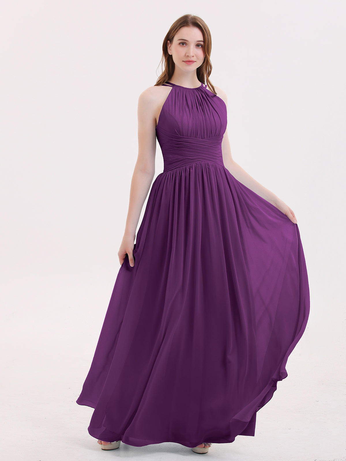 Double Strap Halter Long Chiffon Gowns-Grape