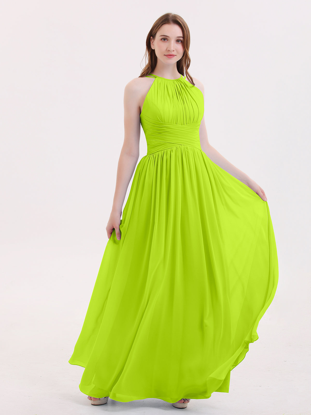 Full Length Chiffon Dresses with Bow Lime Green Plus Size