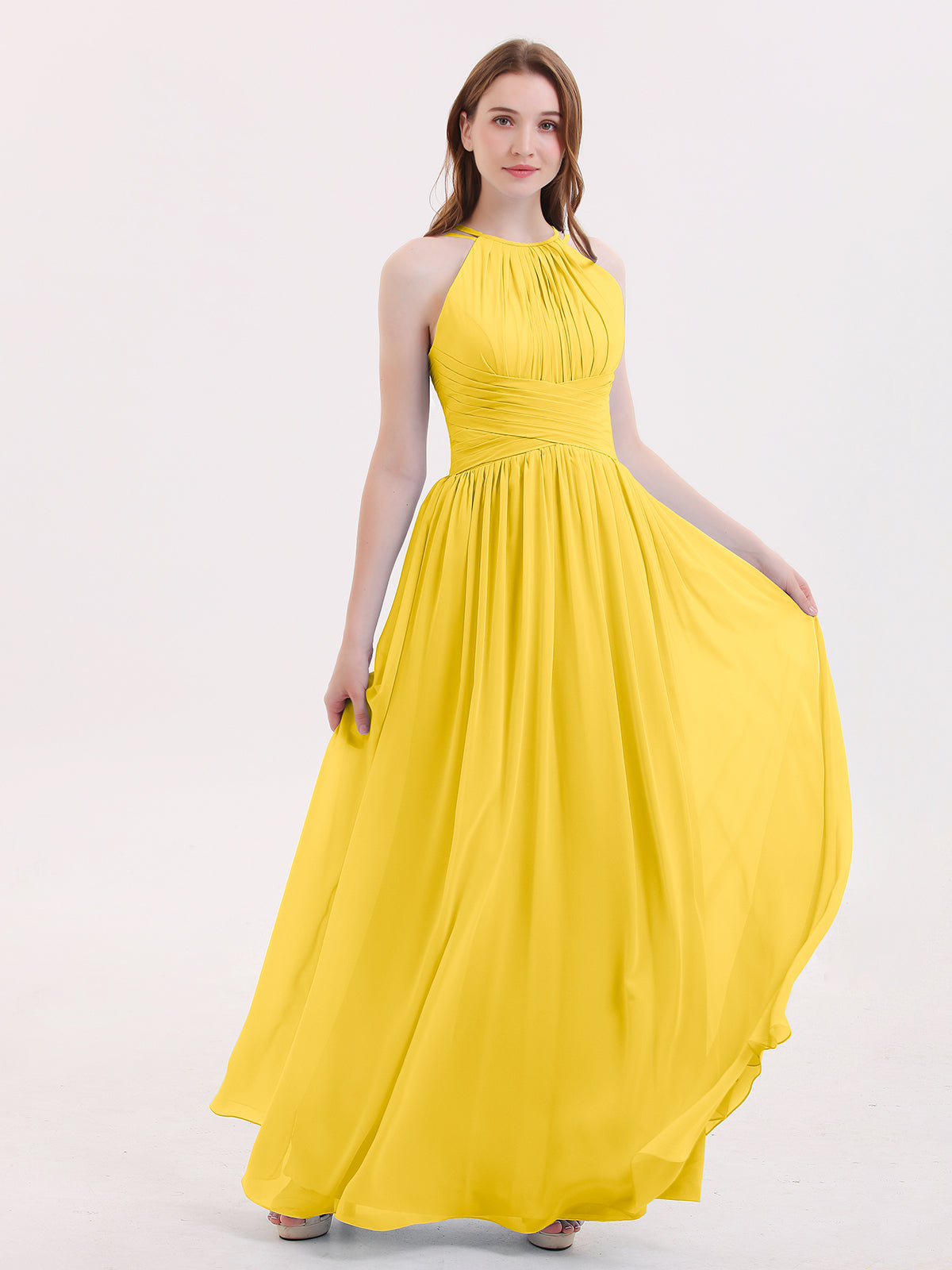 Simple Chiffon Halter Dress for Bridesmaid with Slit Marigold Plus Size