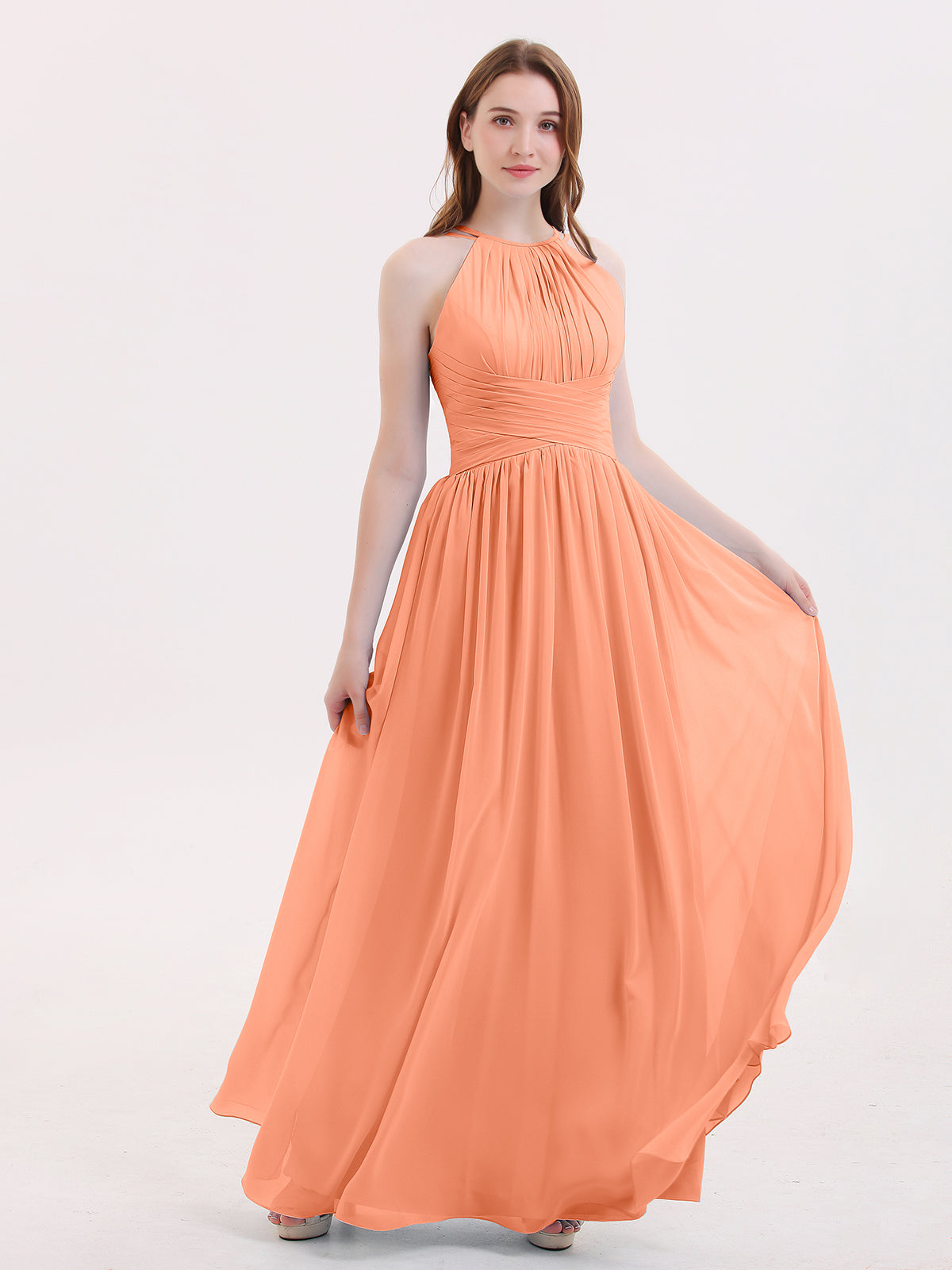 Full Length Chiffon Gowns with Illusion Neck Papaya