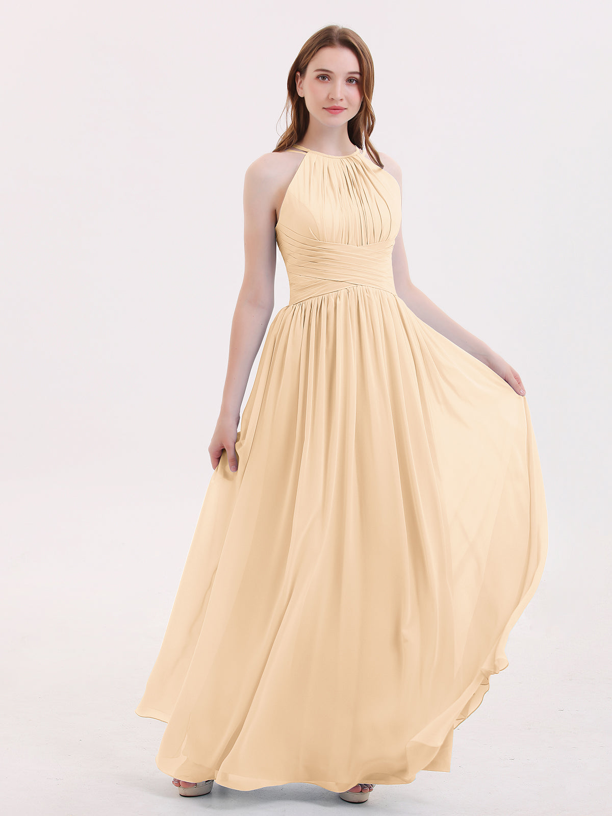 BABARONI Double Strap Halter Long Chiffon Gowns-Peach, Peach / US0