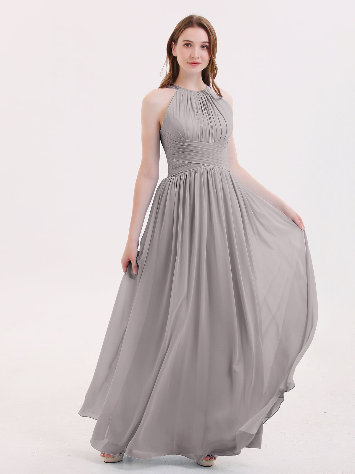 Double Strap Halter Long Chiffon Gowns-Silver-Kristin | BABARONI