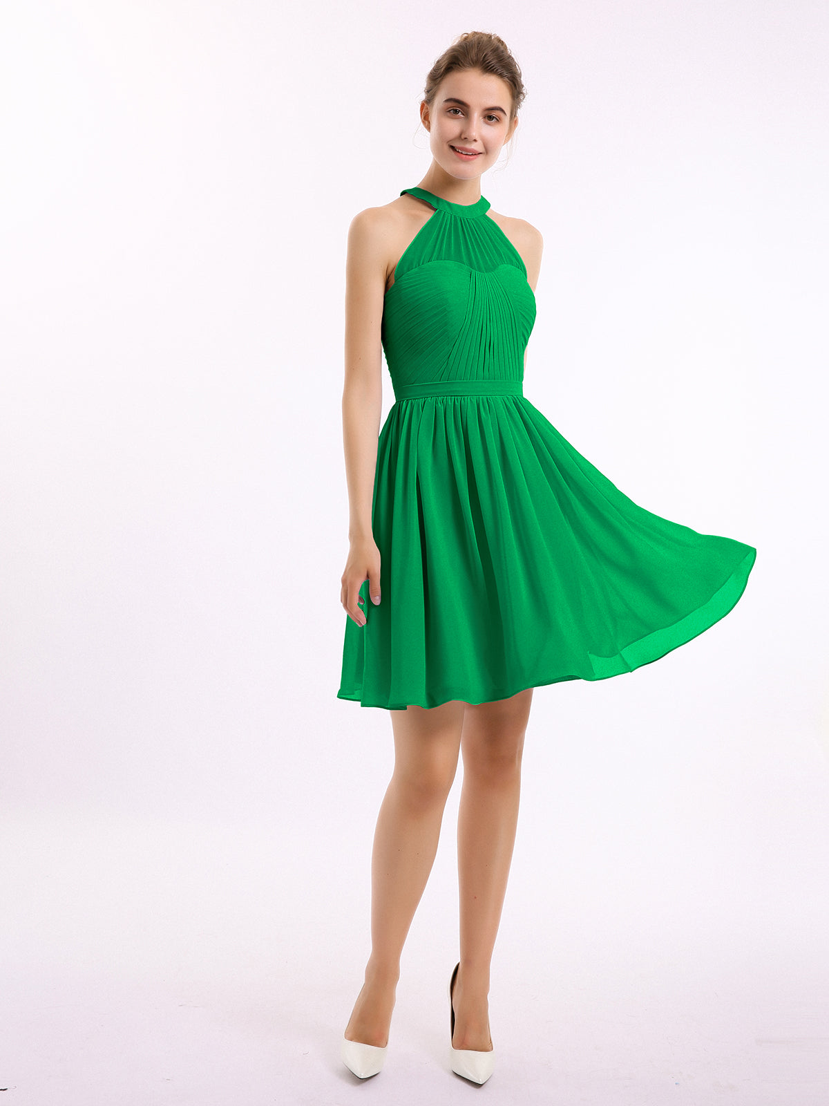 BABARONI Chiffon Emerald Bridesmaid Dresses Halter Short/Mini Sleeveless Belt A-line, Emerald / US0