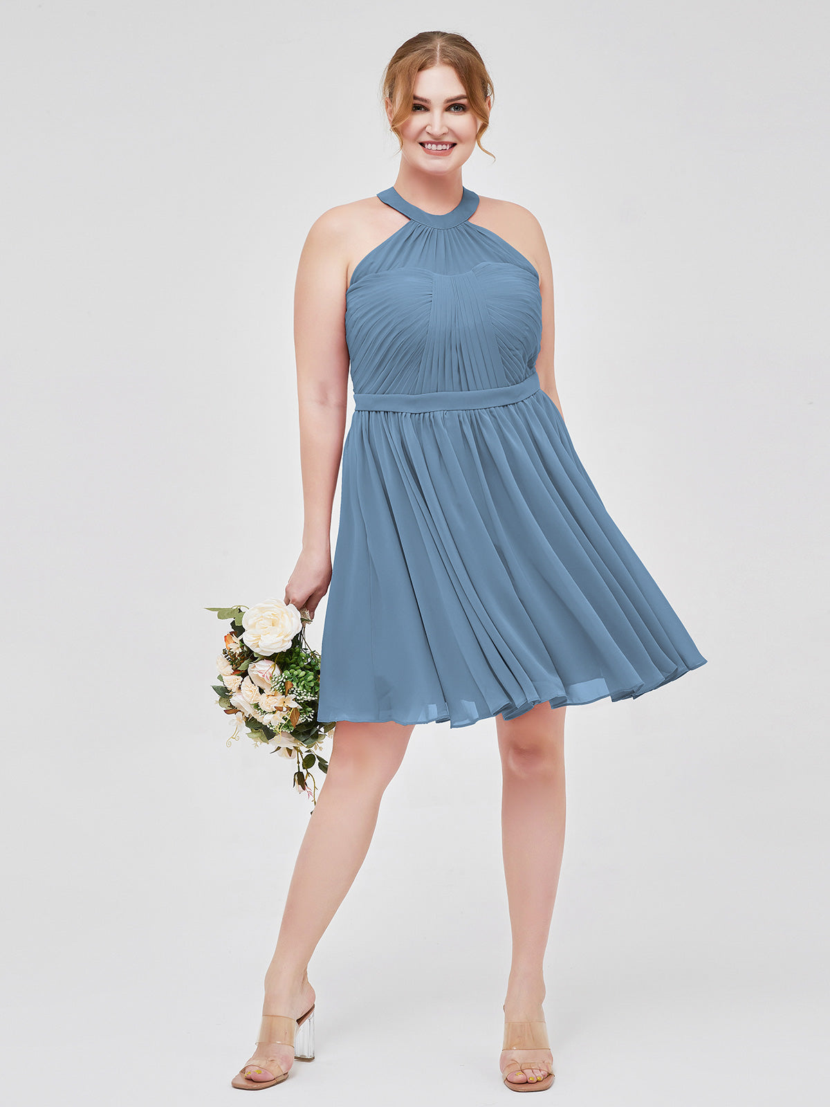 halter top short bridesmaid dresses BABARONI Chiffon Slate Blue Short/Mini Sleeveless Belt A-line, Slate Blue / US0 Rose Gold Dress