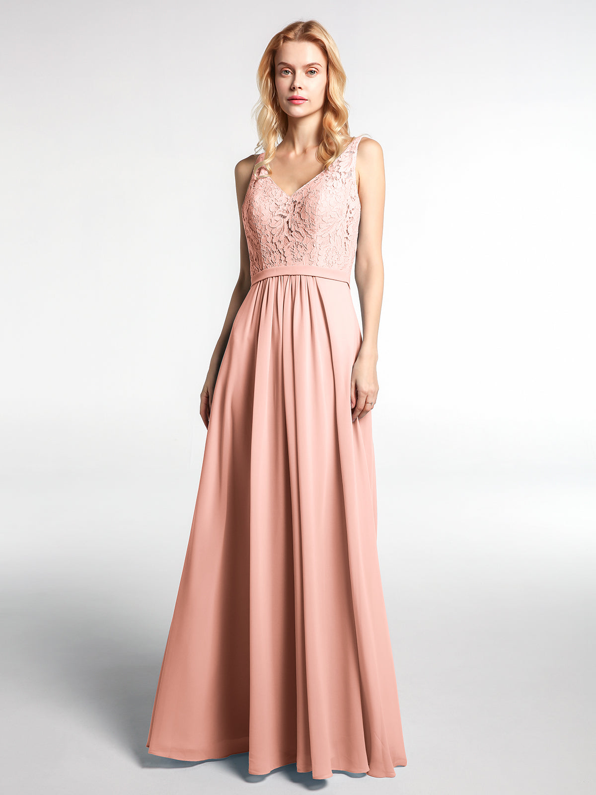 coral lace maxi dress BABARONI Lace Bodice Chiffon Skirt Maxi Dress with V-neck-Coral, Coral / US0
