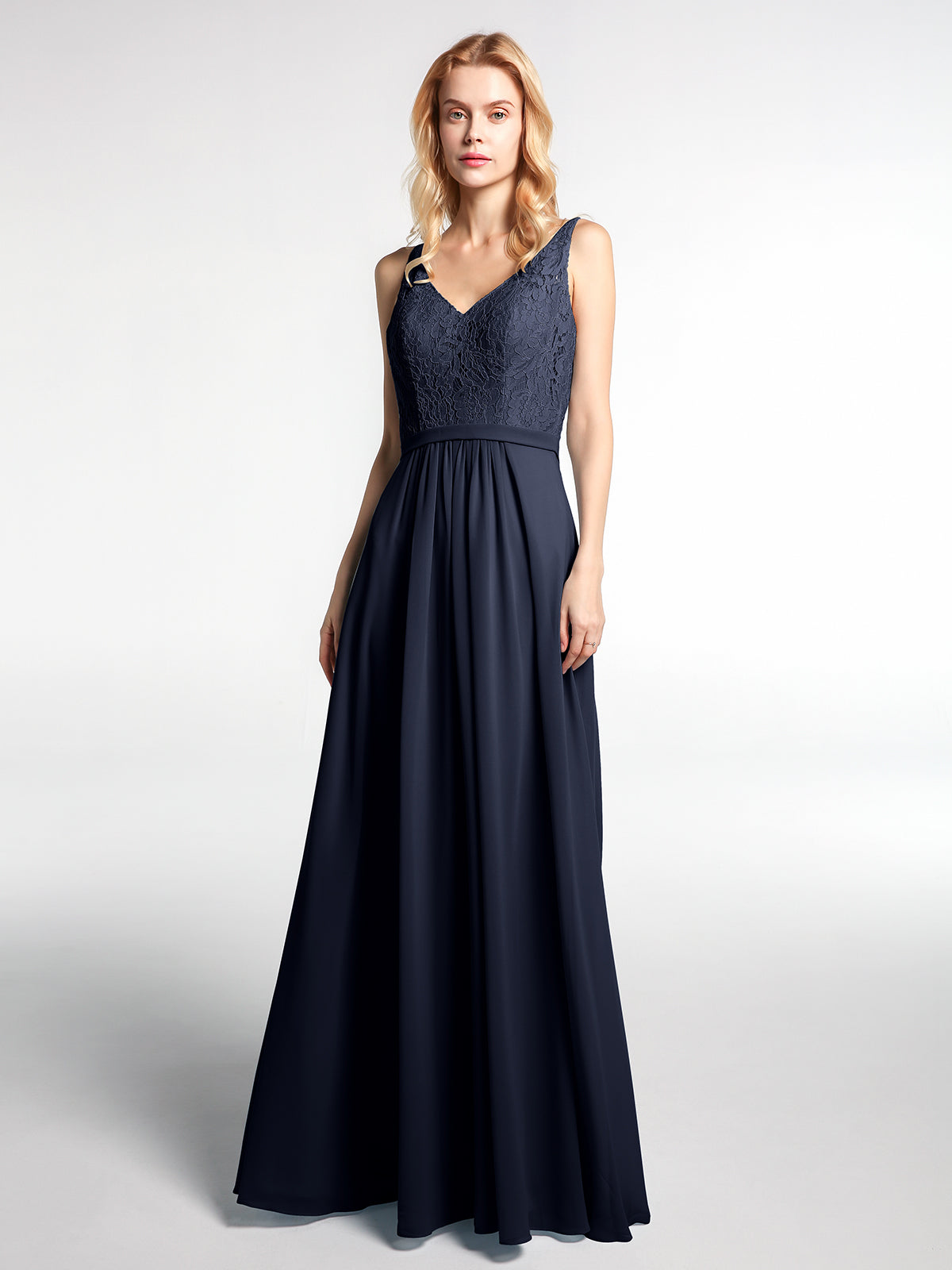 Lace Bodice Chiffon Skirt Maxi Dress with V-neck-Dark Navy BABARONI Lace Bodice Chiffon Skirt Maxi Dress with V-neck-Dark Navy BABARONI