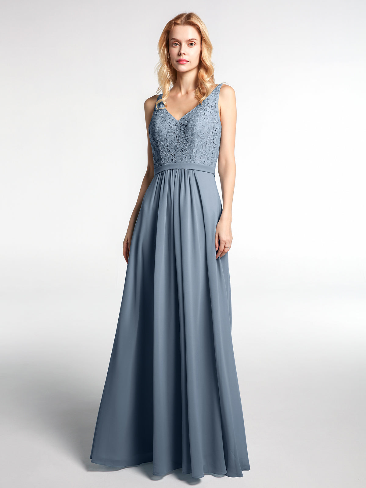 Lace Bodice Chiffon Skirt Maxi Dress with V-neck-Dusty Blue Plus Size –  BABARONI