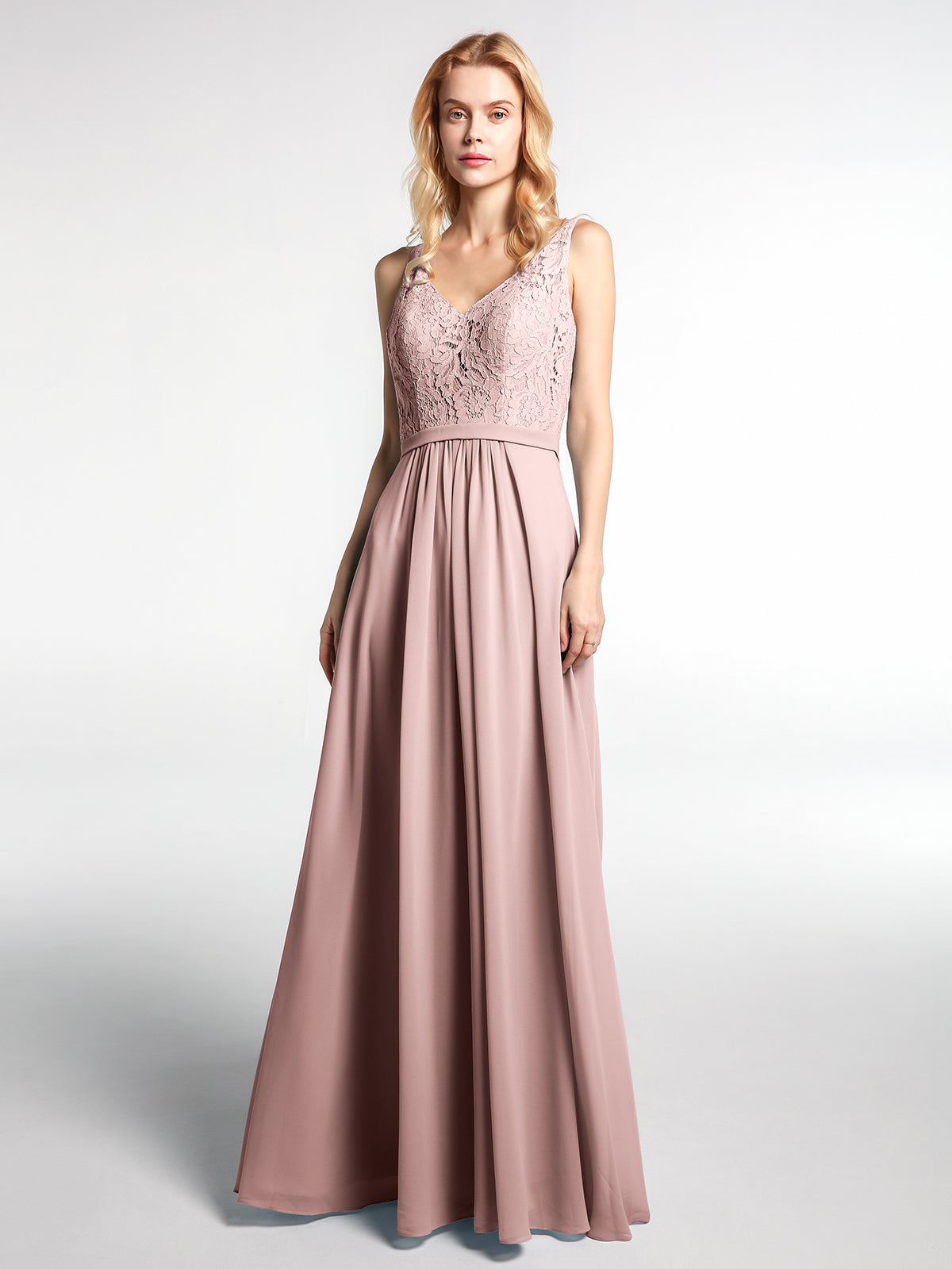 BABARONI Chiffon Dusty Rose Bridesmaid Dresses V-neck Floor-length Sleeveless A-line, Dusty Rose / US0