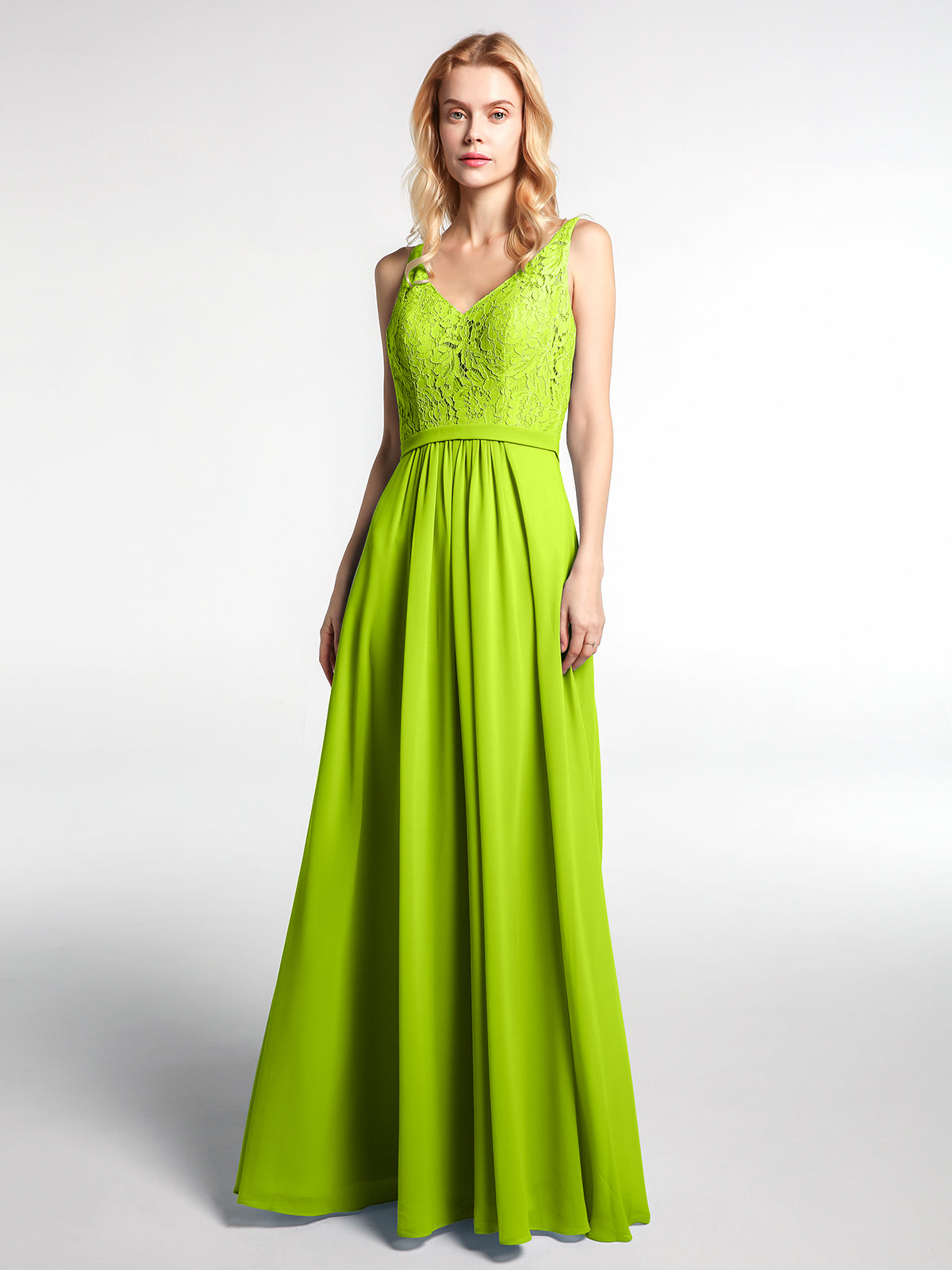 BABARONI Chiffon Lime Green Bridesmaid Dresses V-neck Floor-length Sleeveless A-line BABARONI Chiffon Lime Green Bridesmaid Dresses V-neck Floor-length Sleeveless A-line