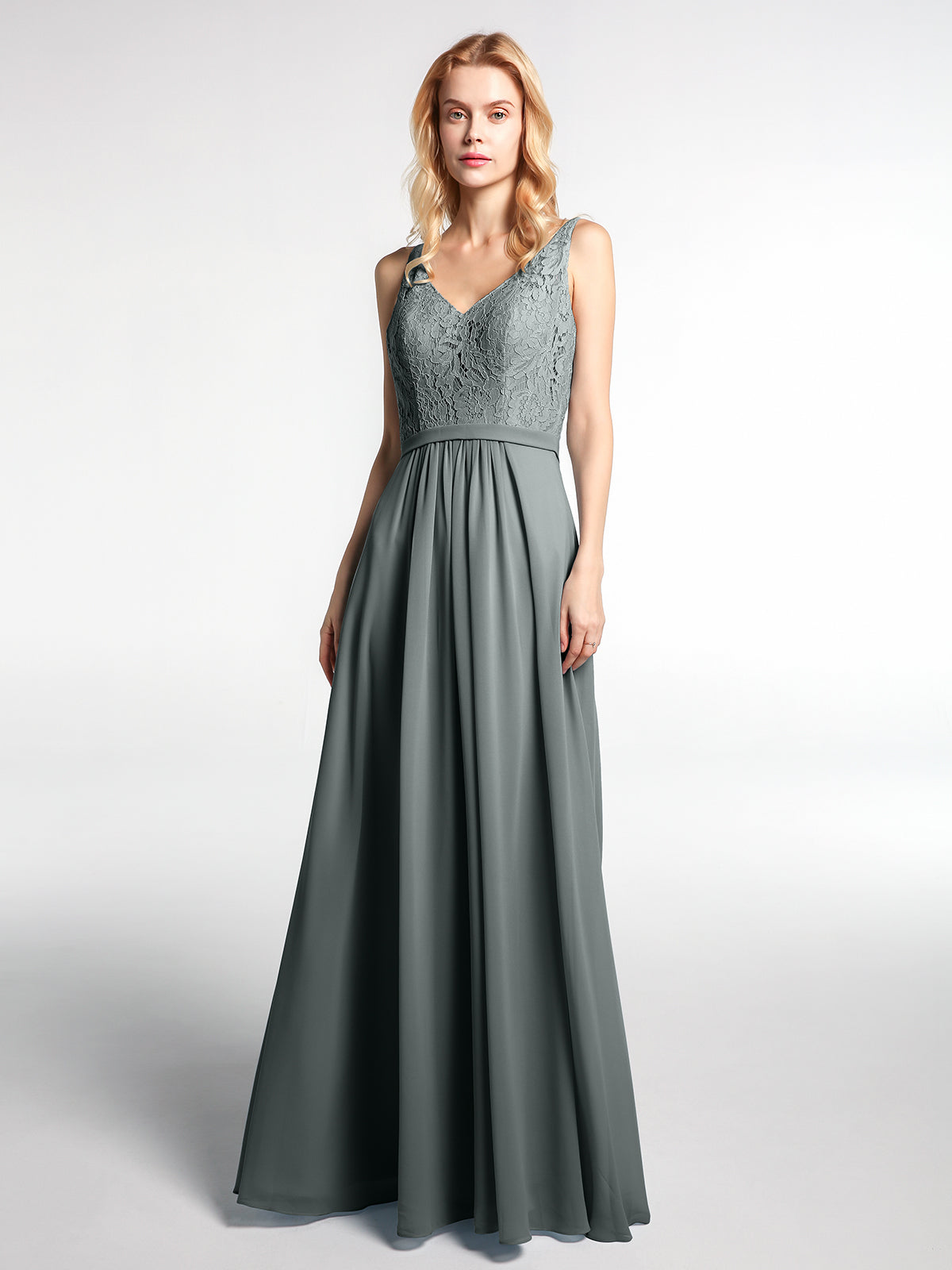 BABARONI Lace Bodice Chiffon Skirt Maxi Dress with V-neck-Steel Grey, Steel Grey / US0