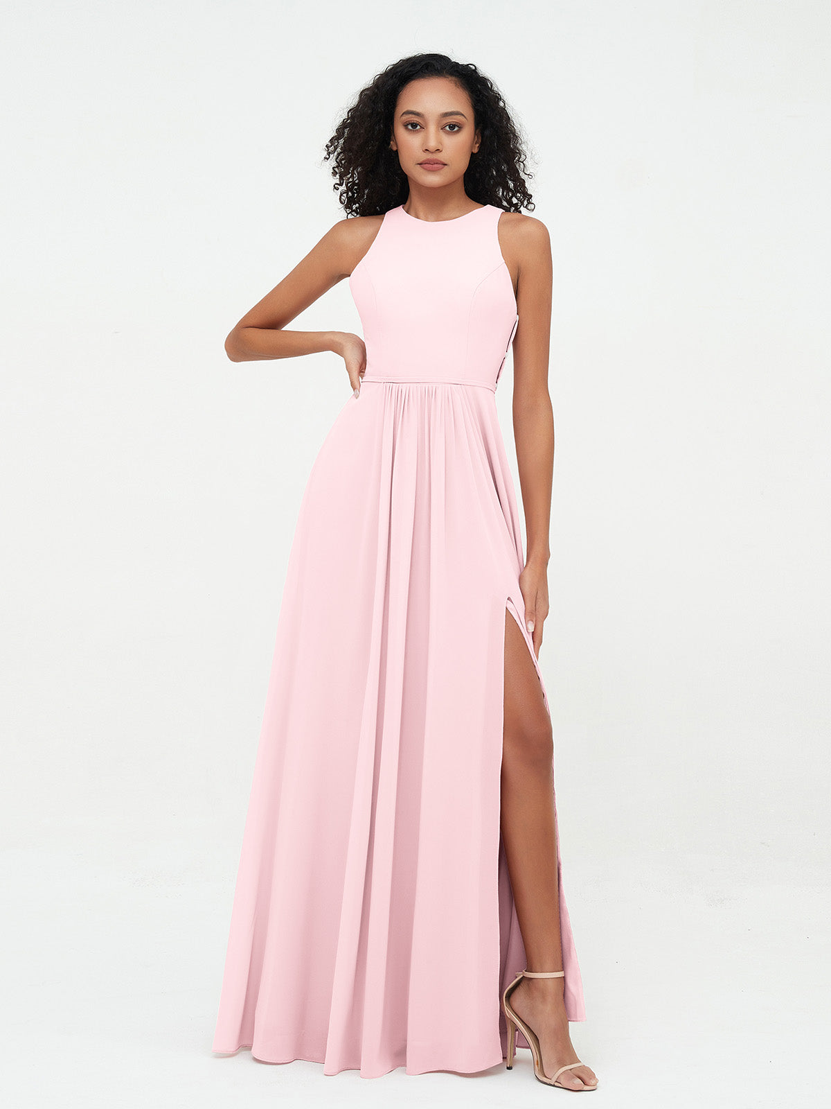 Long Chiffon Simple Dress with Halter Neck Blushing Pink