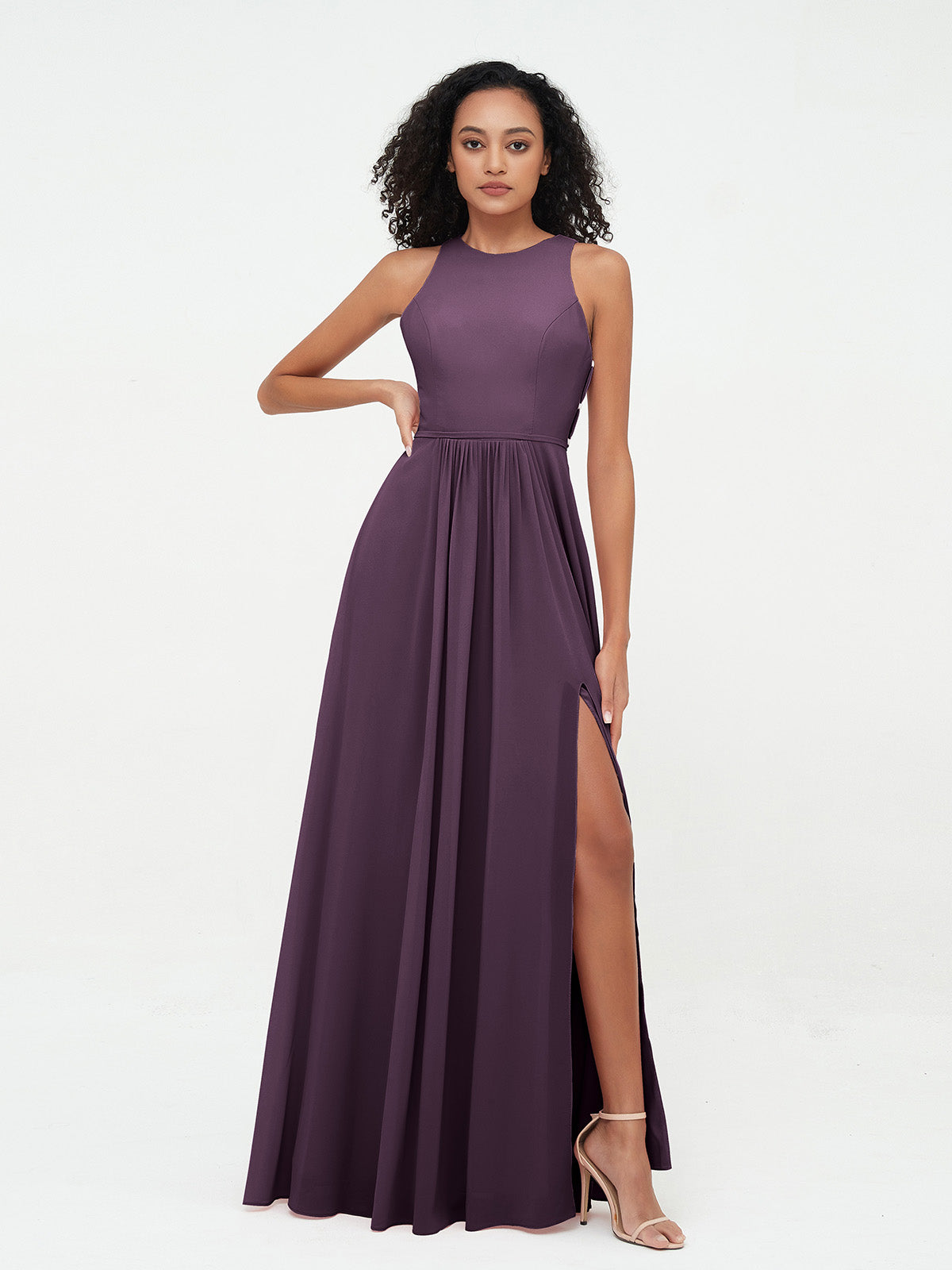 Halter Chiffon Bridesmaid Dress with Slit Plum Plus Size