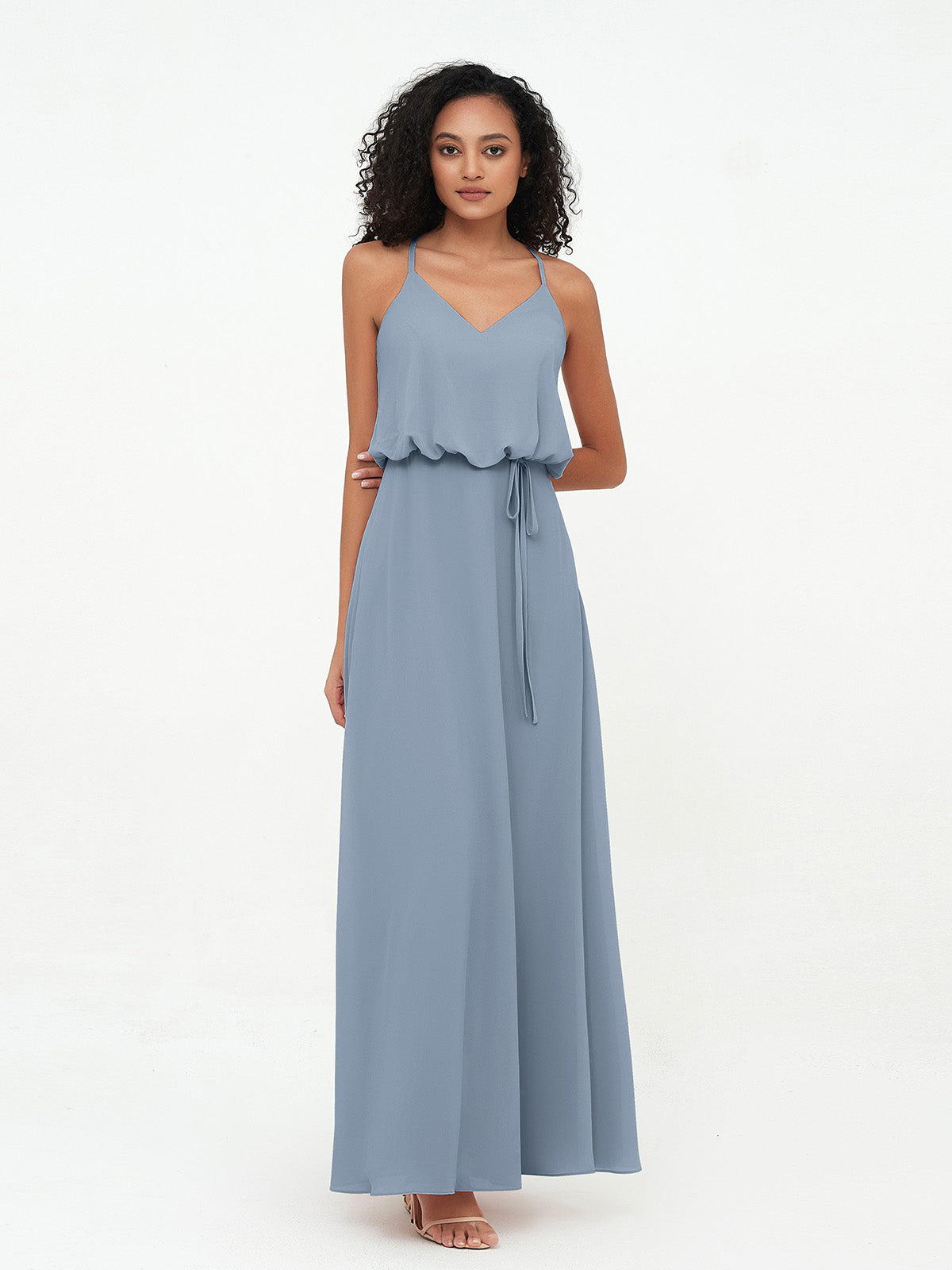 BABARONI Chiffon Dusty Blue Bridesmaid Dresses V-neck Floor-length
