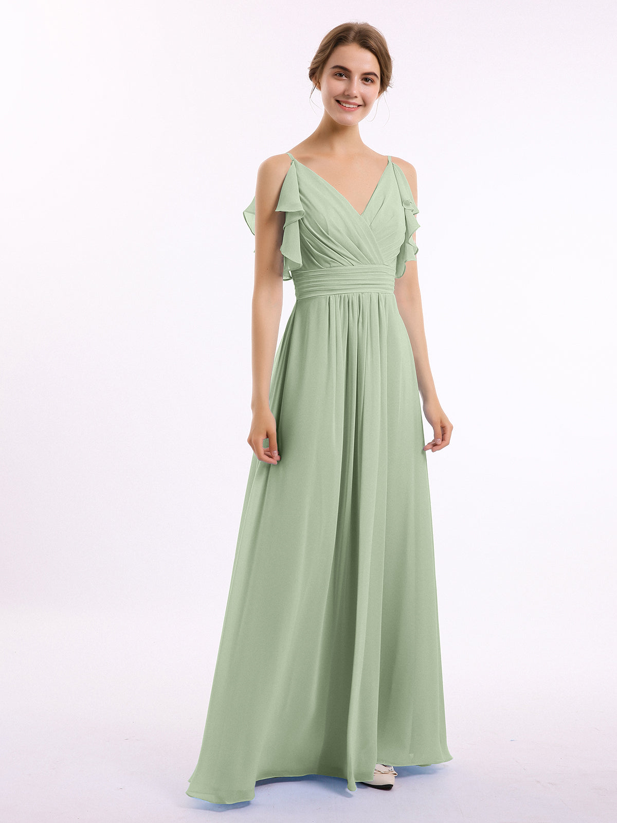 Shoulder Straps Circle Skirt Short Chiffon Dresses Dusty Sage