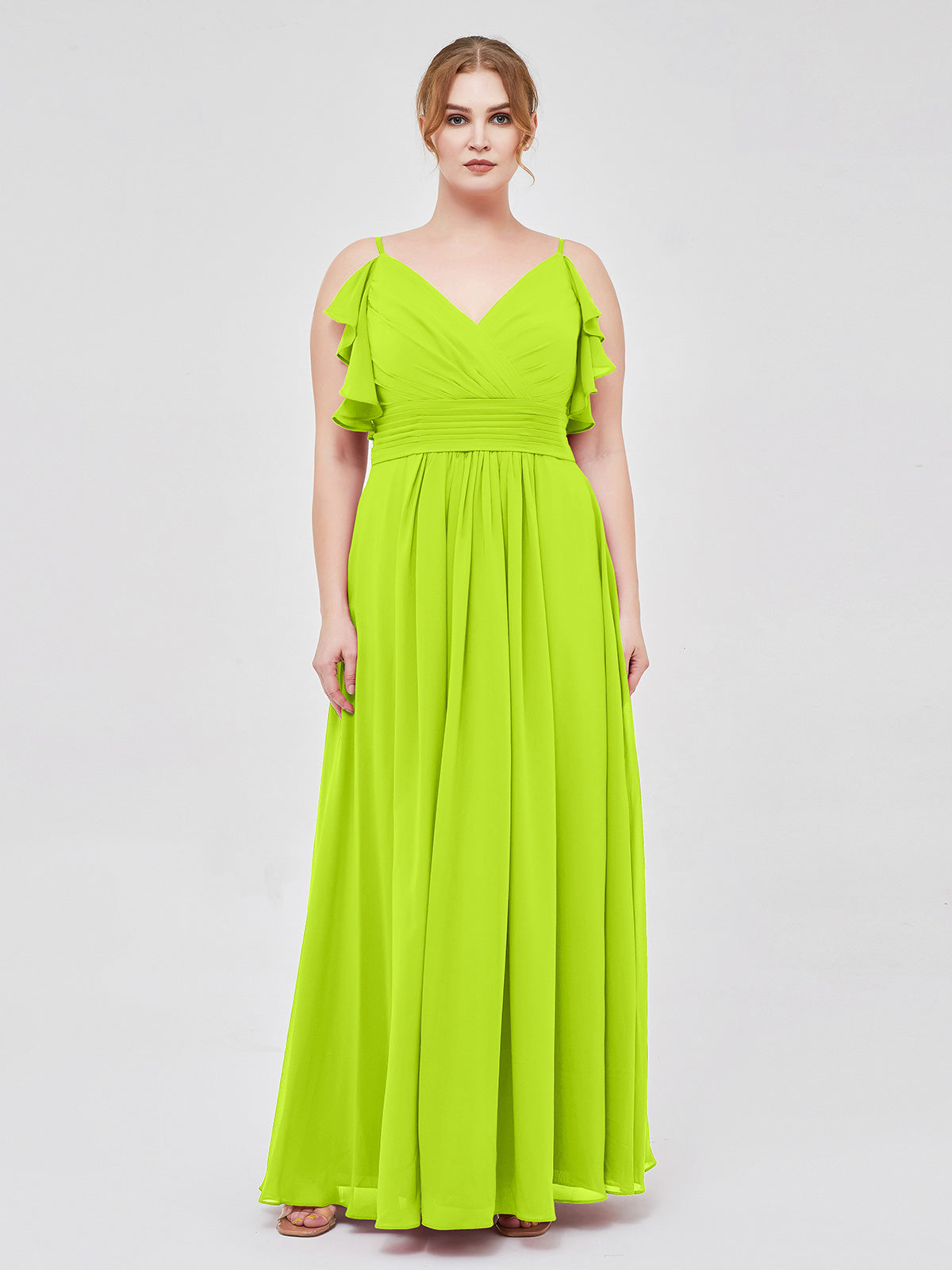 BABARONI Chiffon Lime Green Bridesmaid Dresses V-neck Floor-length Spaghetti Straps Belt A-line, Lime Green / US0