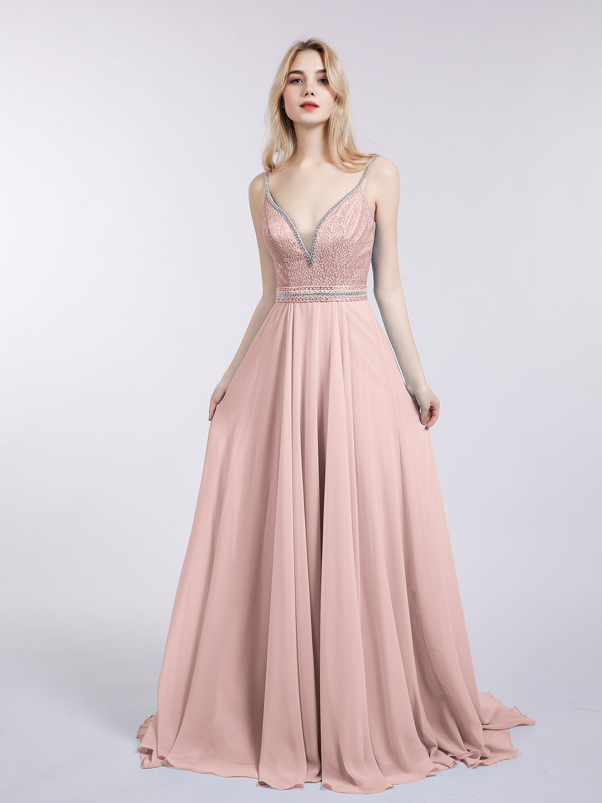 BABARONI Spaghetti Strap Lace and Chiffon Gown-Dusty Rose, Dusty Rose / US0 BABARONI Spaghetti Strap Lace and Chiffon Gown-Dusty Rose, Dusty Rose / US0