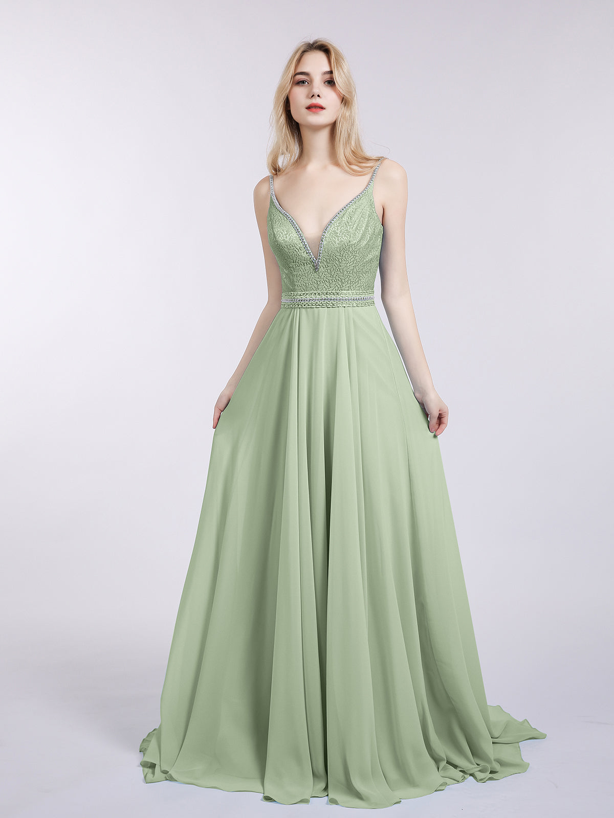 BABARONI Spaghetti Strap Lace and Chiffon Gown-Dusty Sage, Dusty Sage / US0 BABARONI Spaghetti Strap Lace and Chiffon Gown-Dusty Sage, Dusty Sage / US0