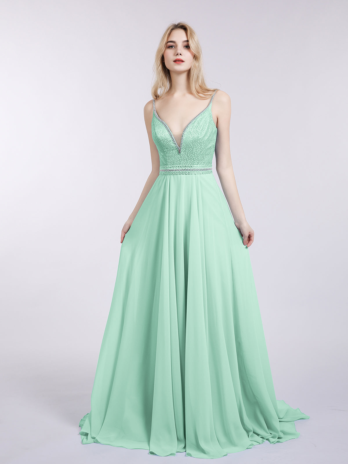 BABARONI Spaghetti Strap Lace and Chiffon Gown-Mint Green, Mint Green / US0