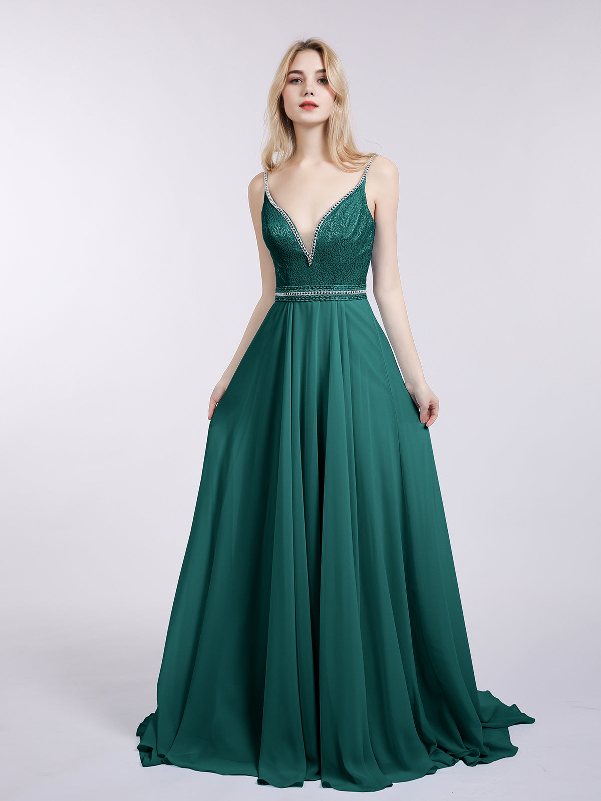 BABARONI Chiffon Peacock Bridesmaid Dresses V-neck Sweep/Brush Train Backless Straps Beaded A-line BABARONI Chiffon Peacock Bridesmaid Dresses V-neck Sweep/Brush Train Backless Straps Beaded A-line