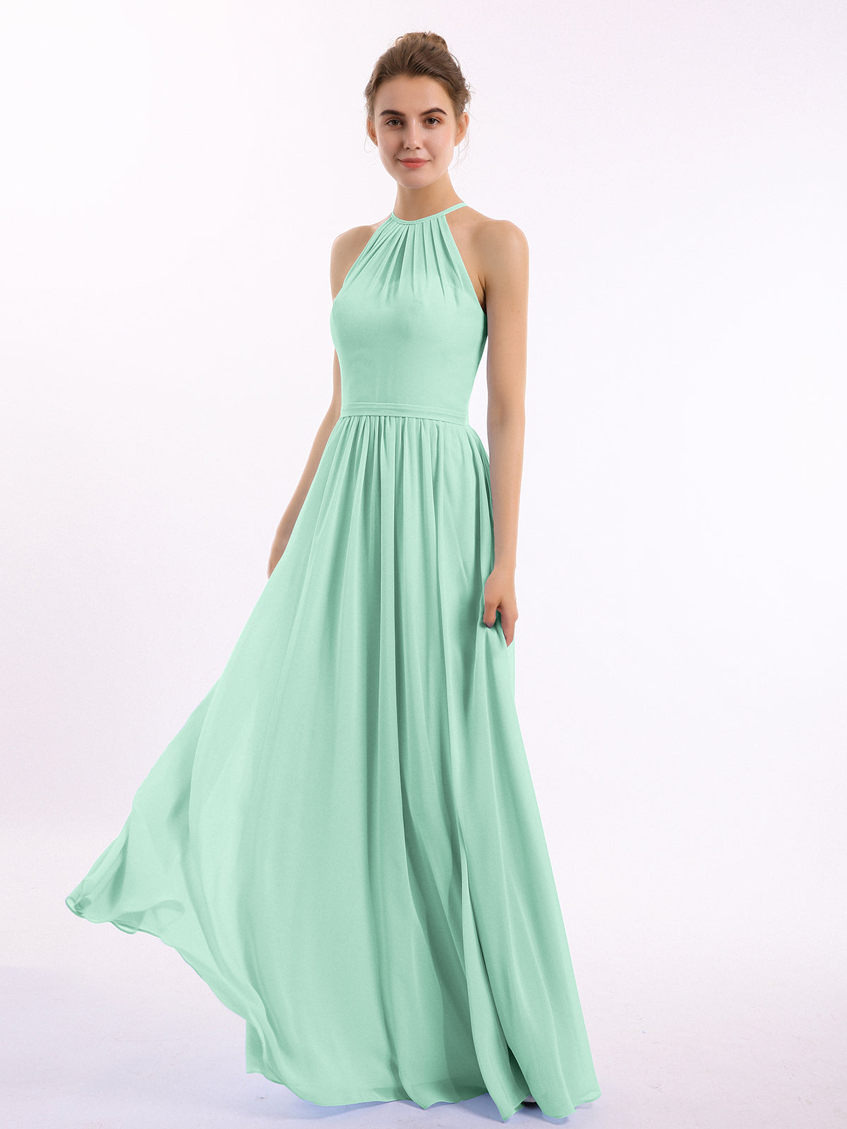 BABARONI Chiffon Mint Green Bridesmaid Dresses Halter Floor-length Backless  Sleeveless Belt A-line