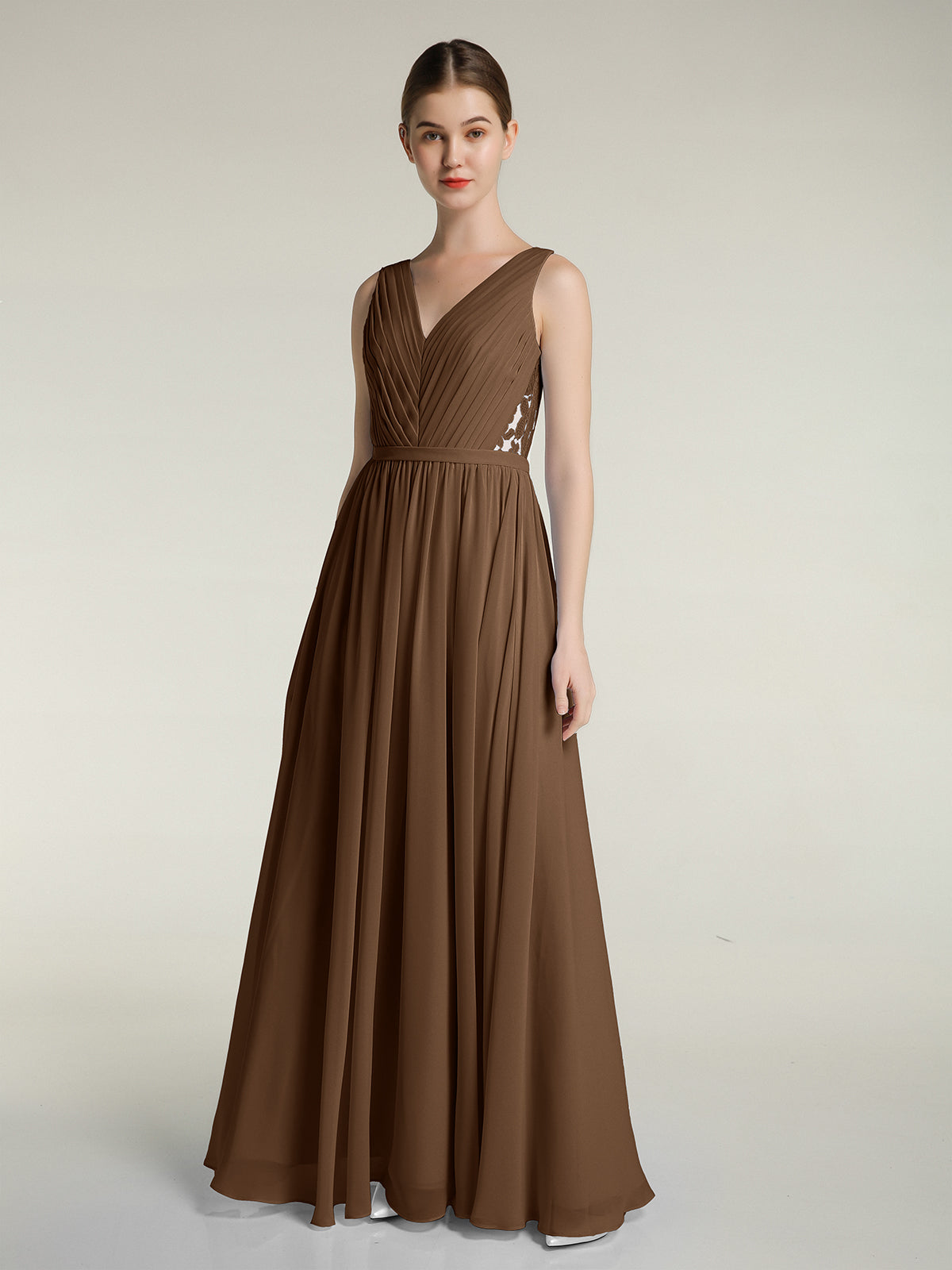 Open Back Chiffon Long Dresses with V-neck Brown Plus Size