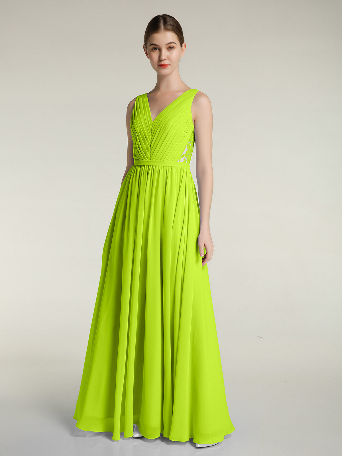 BABARONI V-Neck Chiffon Dresses with Lace Back-Lime Green, Lime Green / US0