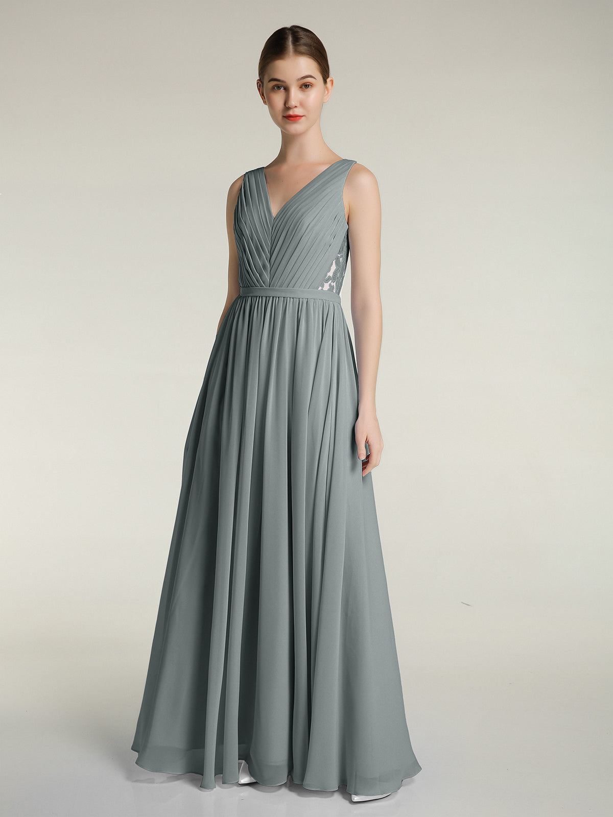 Ivory Lace Bodice Chiffon Dress with Slit Steel Grey