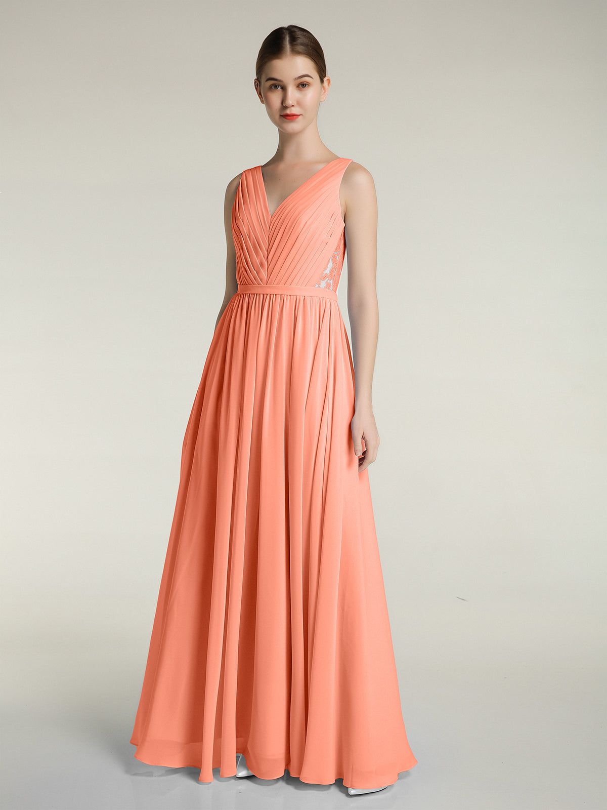 V-neck Chiffon Dresses with Satin Sash Bow Brown Plus Size