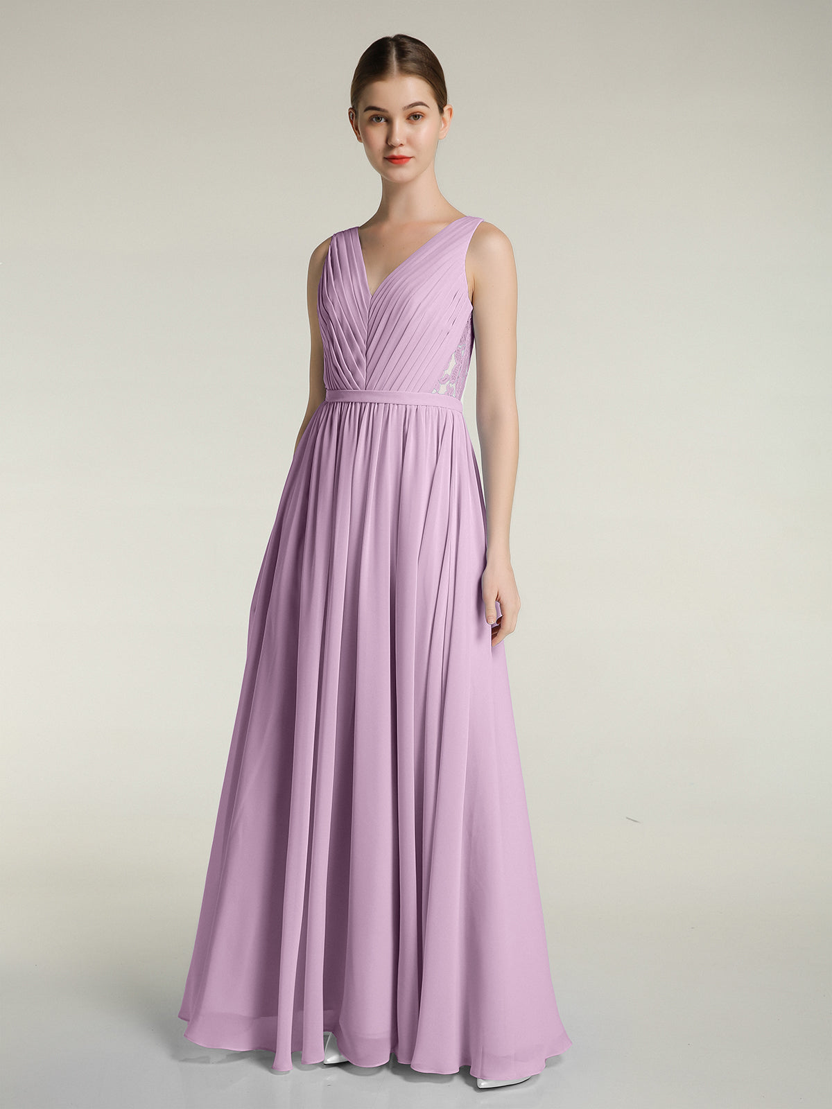 V Neck Chiffon Dress with Streamer at Back Strap Wisteria
