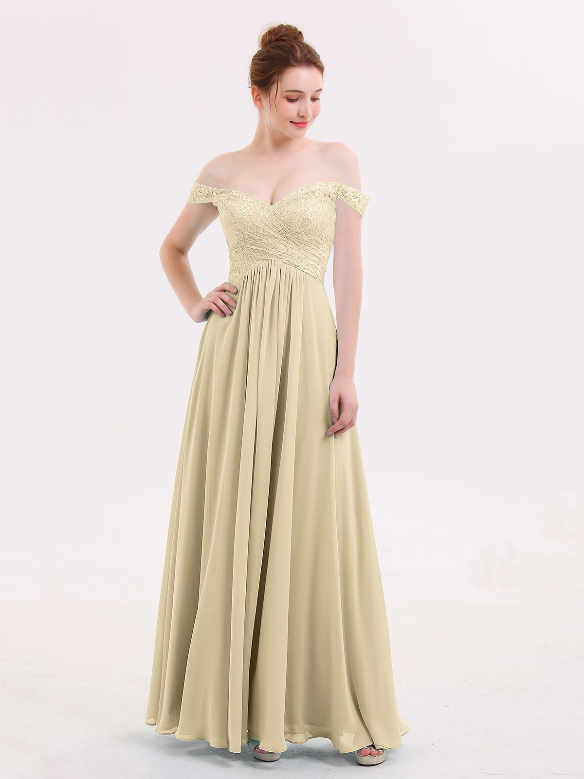 BABARONI Off Shoulder Chiffon And Lace Empire Dress-Champagne, Champagne / US0