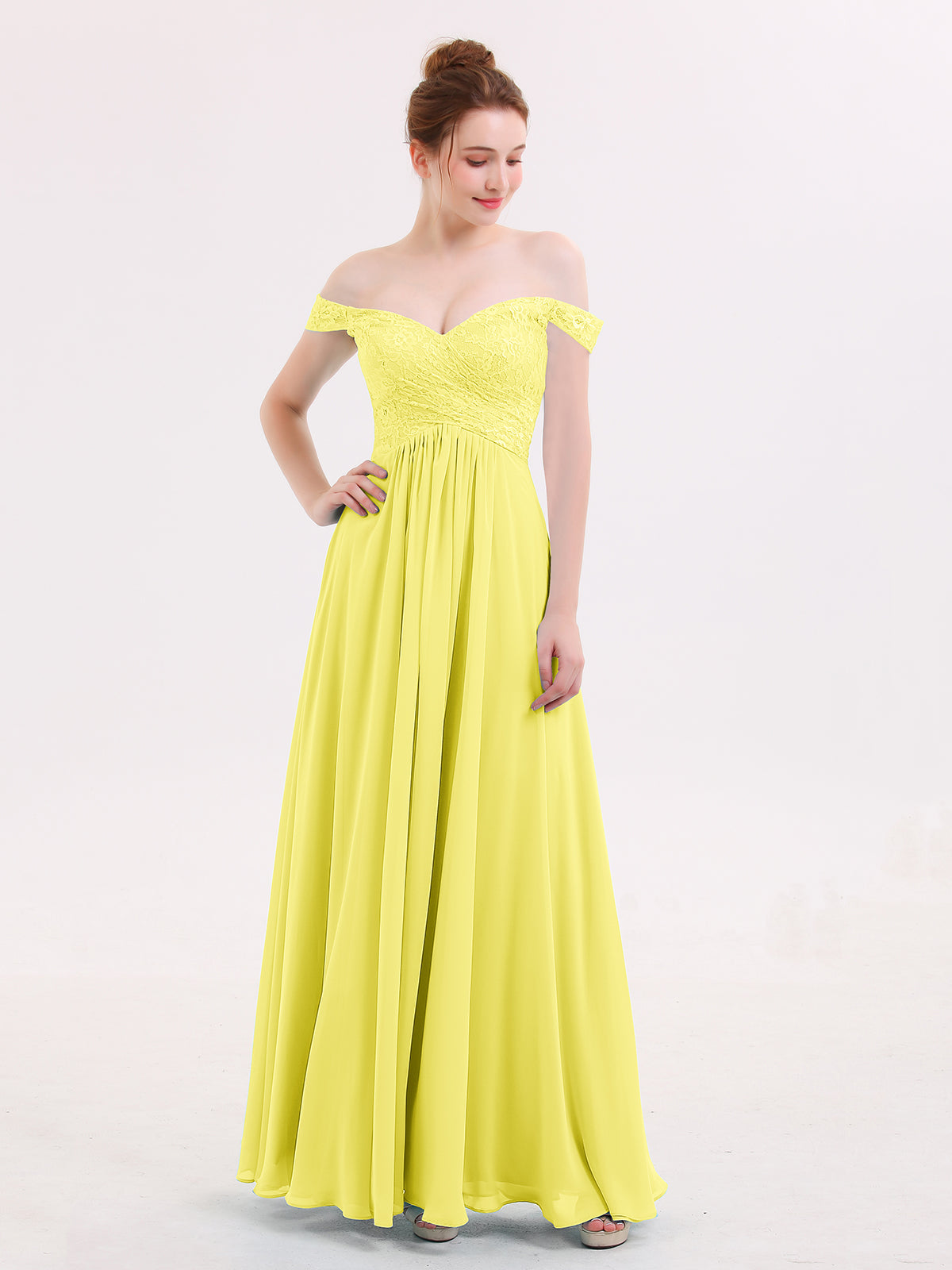 A-Line Chiffon Dress with Illusion Neckline Lemon