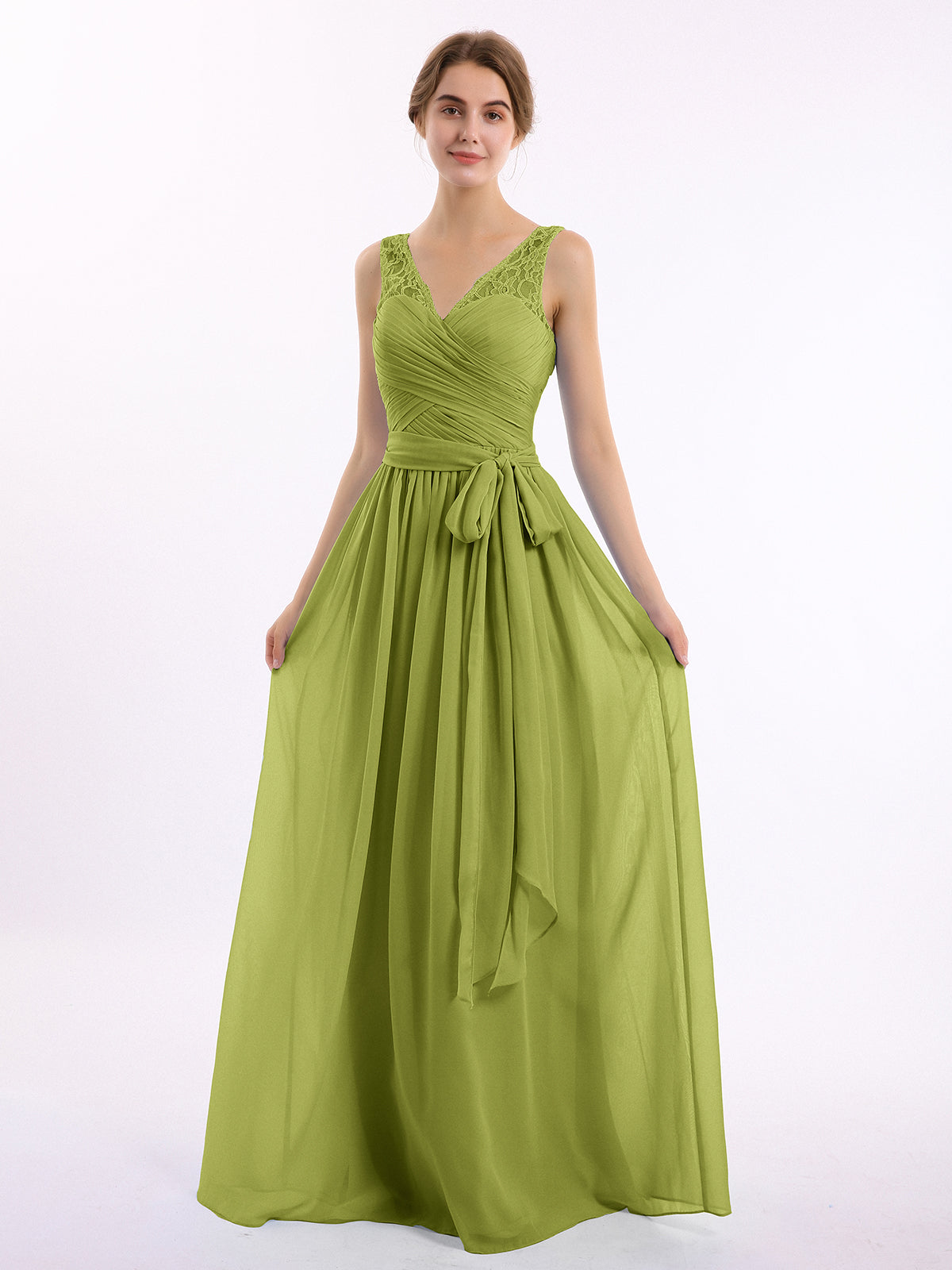 BABARONI Lace Straps Long Chiffon Dresses with Bow Sash-Clover, Clover / US0
