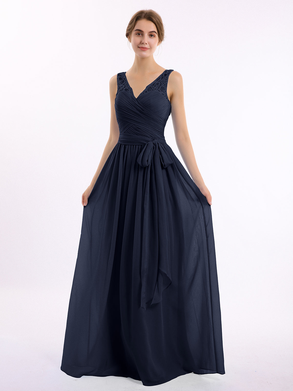 Long Chiffon Dress for Bridesmaid with Bow Dark Navy Plus Size