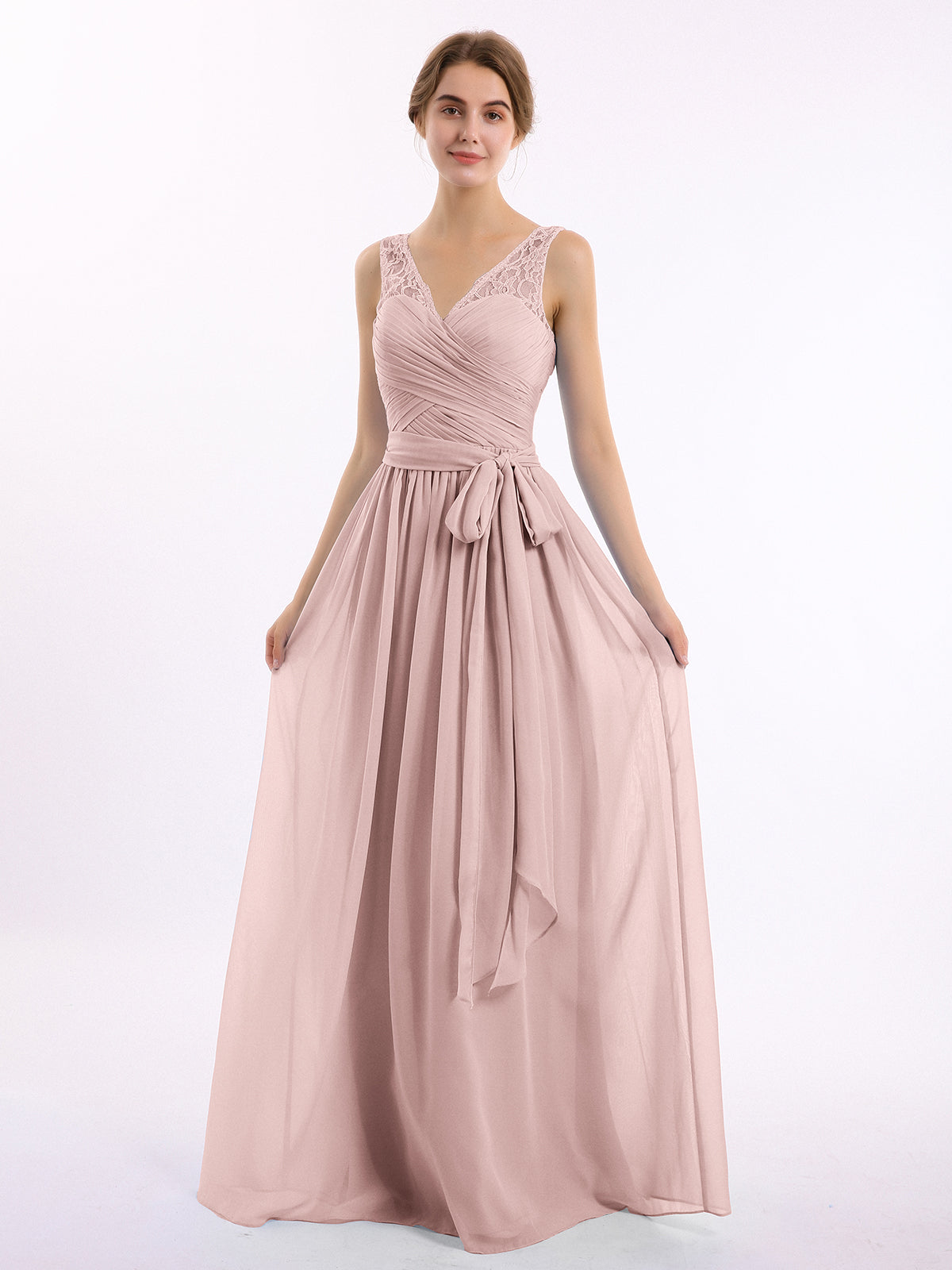 Full Length Chiffon Dresses with Bow Dusty Rose main image 0