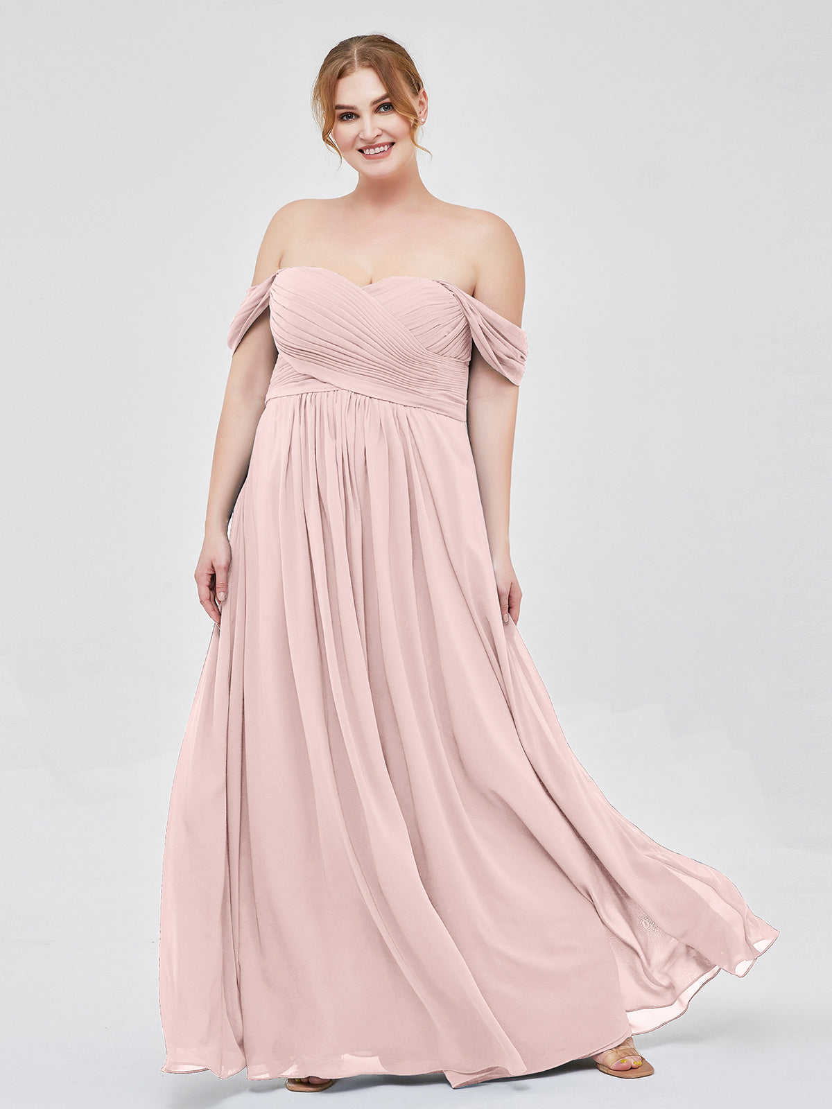 BABARONI Chiffon Dusty Rose Bridesmaid Dresses Off-the-shoulder Floor-length  Cap Sleeve Ruched Empire