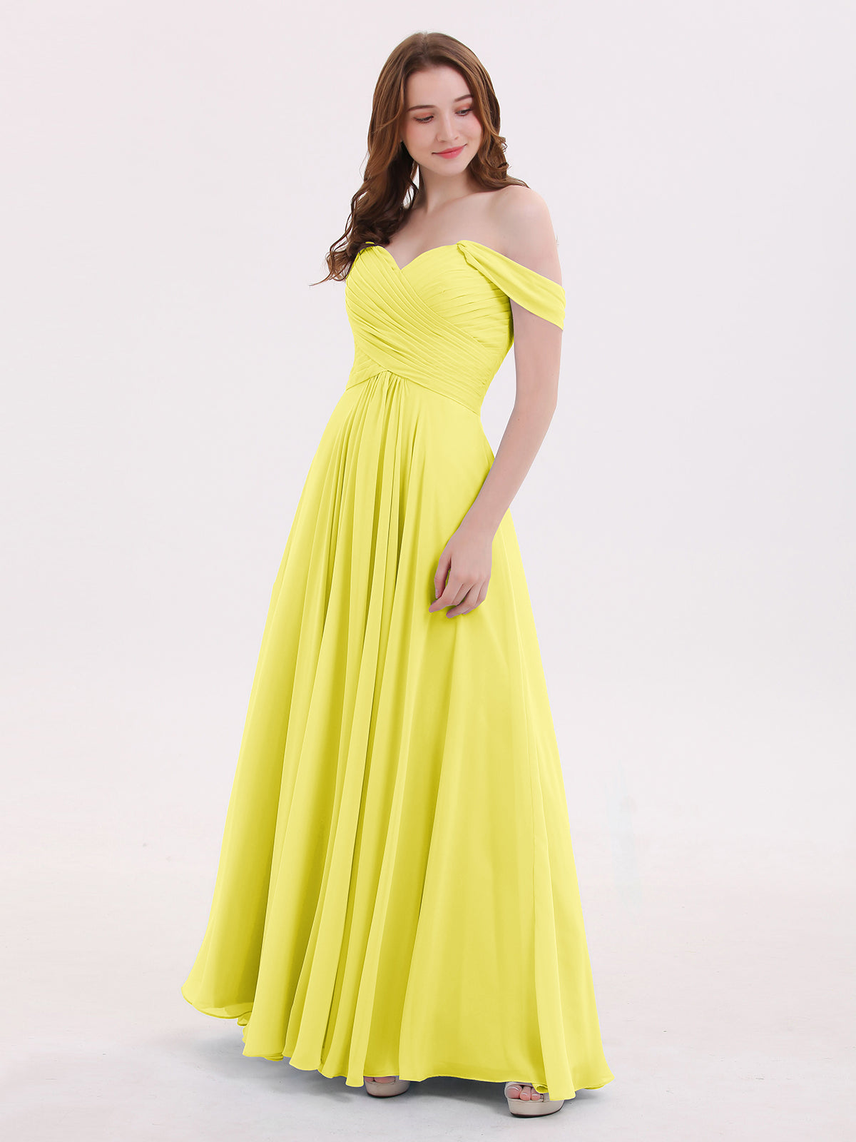 BABARONI Chiffon Lemon Bridesmaid Dresses Off-the-shoulder Floor-length Cap  Sleeve Ruched Empire